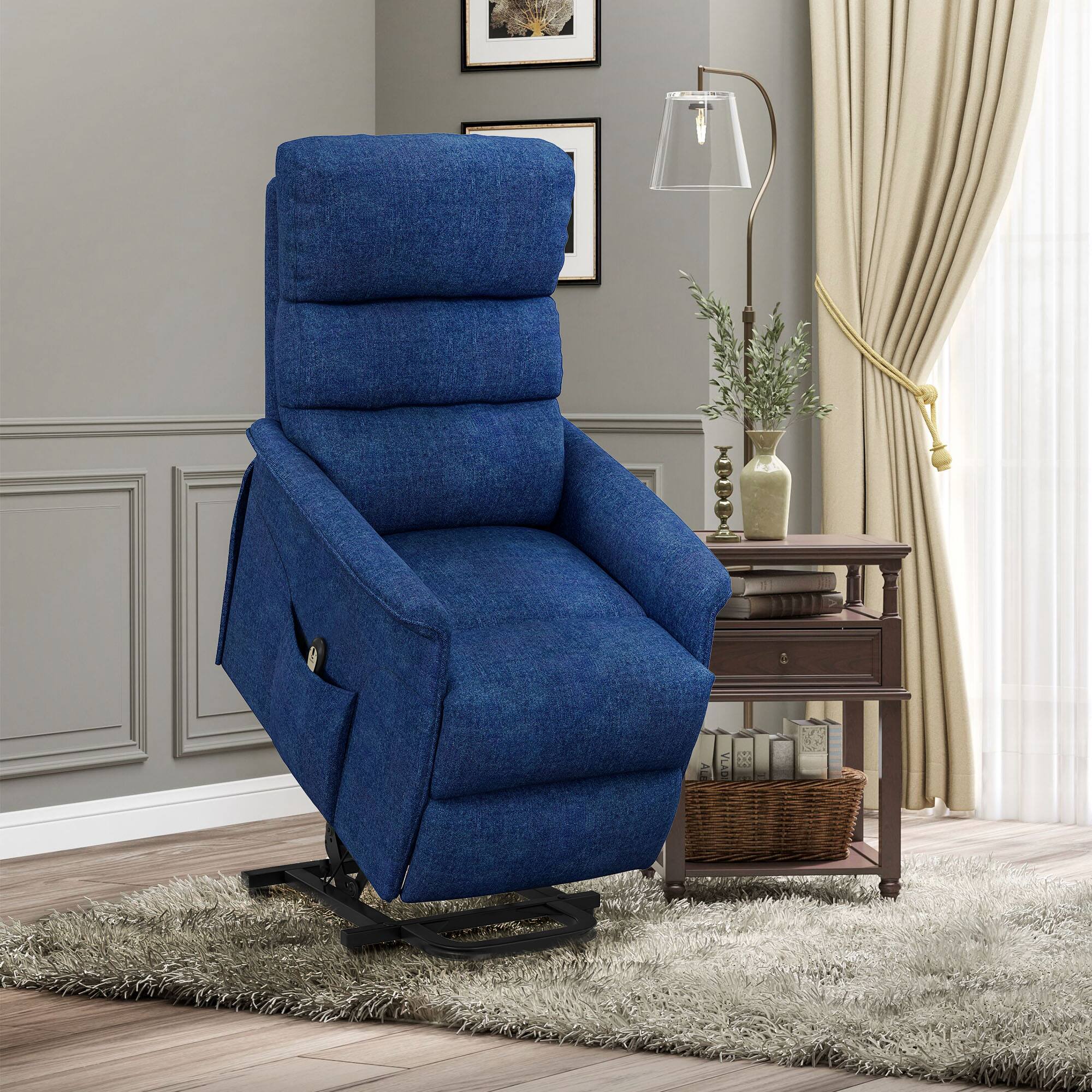 Alt View 1. Homcom - Power Lift Recliner Brown: Fabric Easy Assembly w/Remote & Side Pockets, Elderly Living Room Chair - Dark Blue.