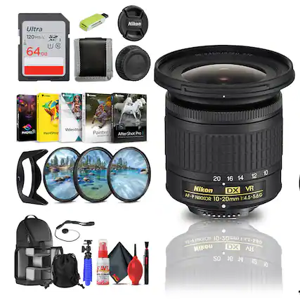 Ultra 120 MB/s 64GB Nikon DX VR AF-P NIKKOR 1:4.5-5.6G 10-20mm
Nikon
PaintShop Pro
VideoStudio
Painter
AfterShot Pro essentials
Cokin filters
Lens cleaning kit
Camera bag
Memory card
USB drive