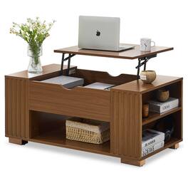 Skyzoo - Lift Top Coffee Table with Hidden Compartment & 5 Open Storage Shelves for Living Room - Walnut