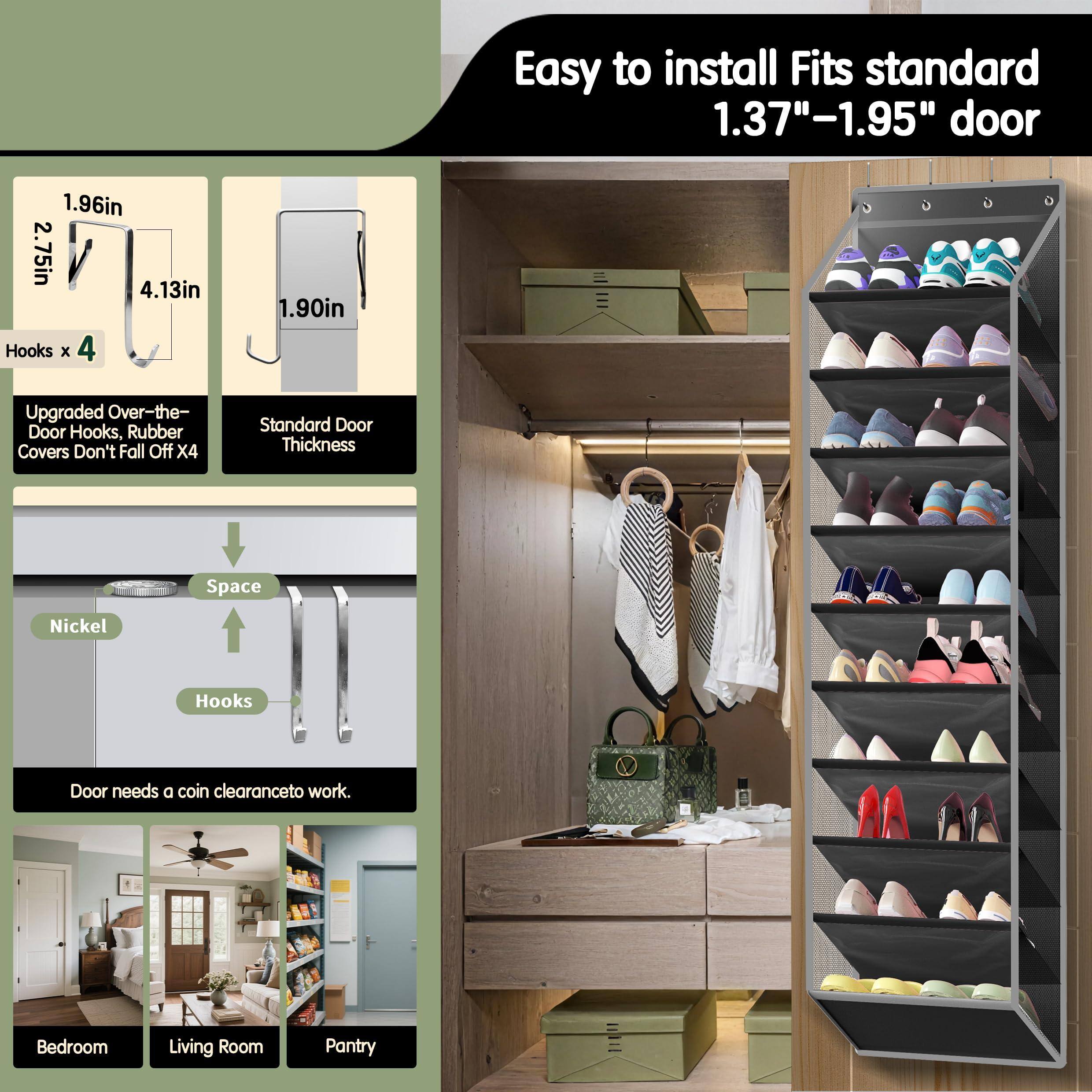 Easy to install  
Fits standard 1.37"-1.95" door

1.96in  
2.75in  
4.13in  
Hooks x 4

1.90in

Upgraded Over-the-Door Hooks, Rubber Covers Don't Fall Off x4

Standard Door Thickness

Nickel

Hooks

Door needs a coin clearance to work.

Bedroom  
Living Room  
Pantry