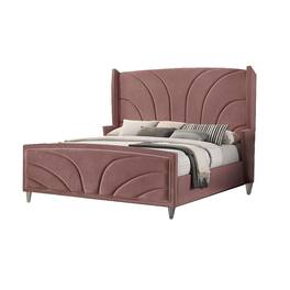 Manhattan Lane - Kerith Modern Wood King Size Bed, Wingback Frame, Pink Velvet, Chrome Legs - Pink, Chrome