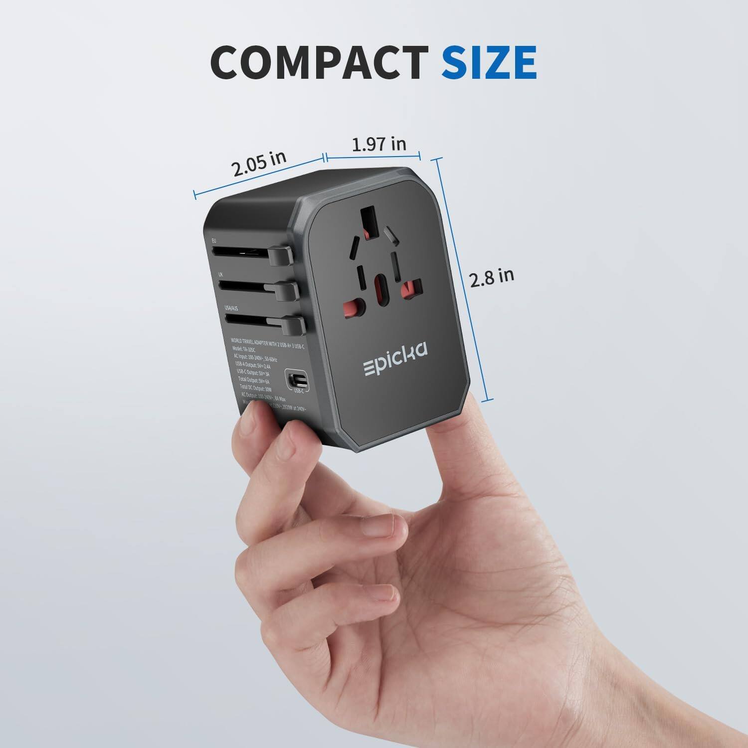 The text on the image reads "Compact Size 2.05 in 1.97 in 2.8 in".