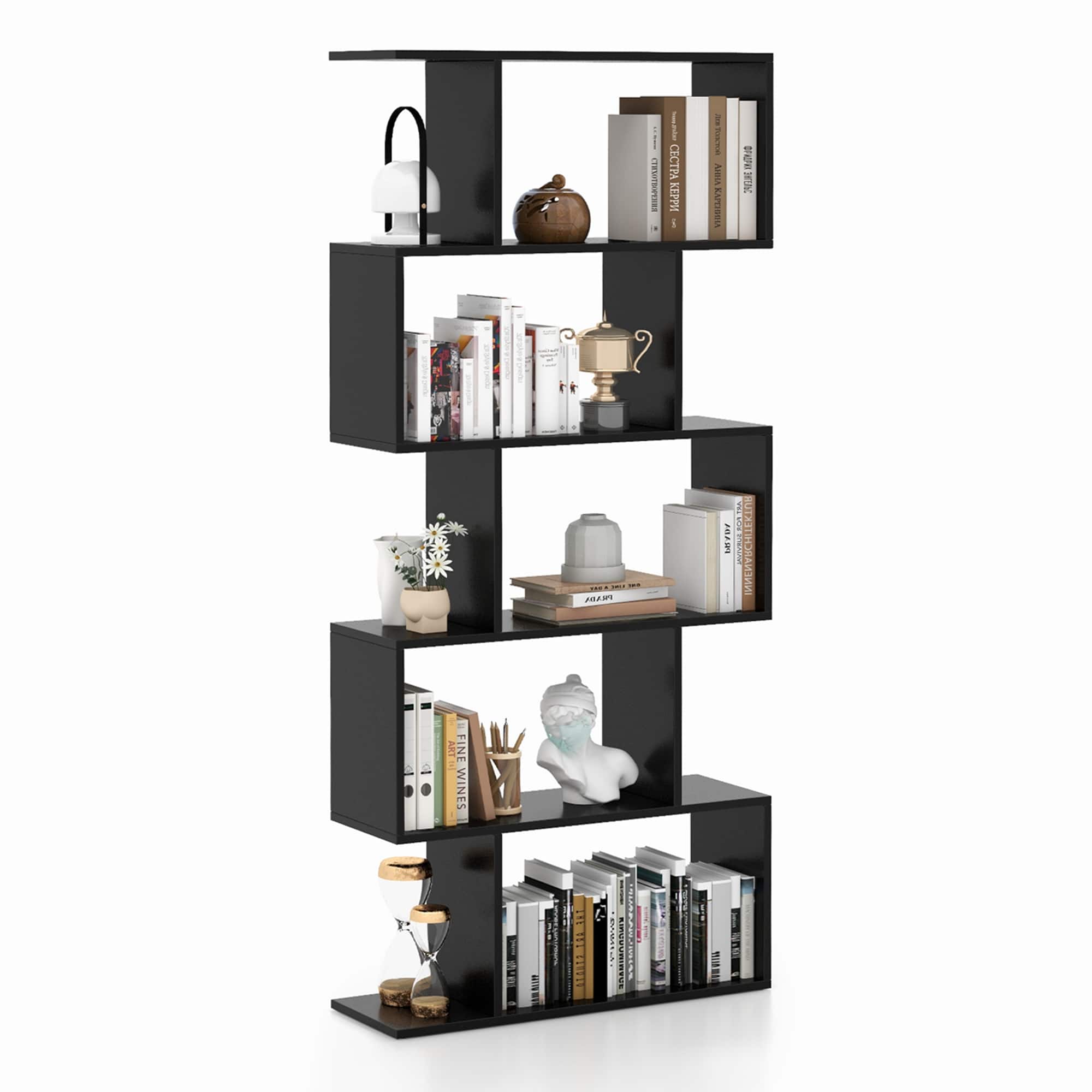 Costway - 5-Tier Bookshelf Geometric S-Shaped Bookcase Room Divider Storage Display Shelf - Brown