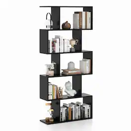 Costway - 5-Tier Bookshelf Geometric S-Shaped Bookcase Room Divider Storage Display Shelf - Brown