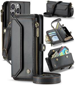 Dteck - Crossbody Wallet Case for Apple iPhone 16 Pro Max with Card Slots and Zipper Pocket, RFID Blocking PU Leather Cover - Black