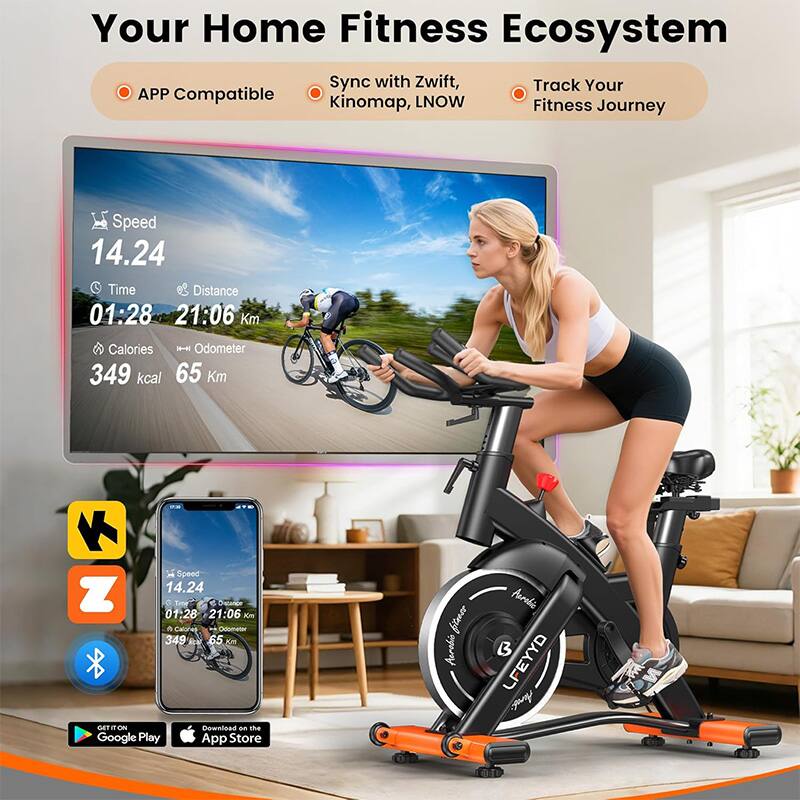 Your Home Fitness Ecosystem  
Sync with Zwift, Track Your Fitness Journey  
APP Compatible  
Kinomap, LNOW  

Speed 14.24  
Time 01:28  
Distance 21:06 Km  
Calories 349 kcal  
Odometer 65 Km  

GET ON  
Download on the Google Play App Store  
Download on the App Store