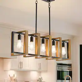 RYHNUYNE - 42" Kitchen Island Lighting, 5 Lights Farmhouse Dining Room Light Fixture, Rustic Wood Linear Chandelier for Dining Room - Black