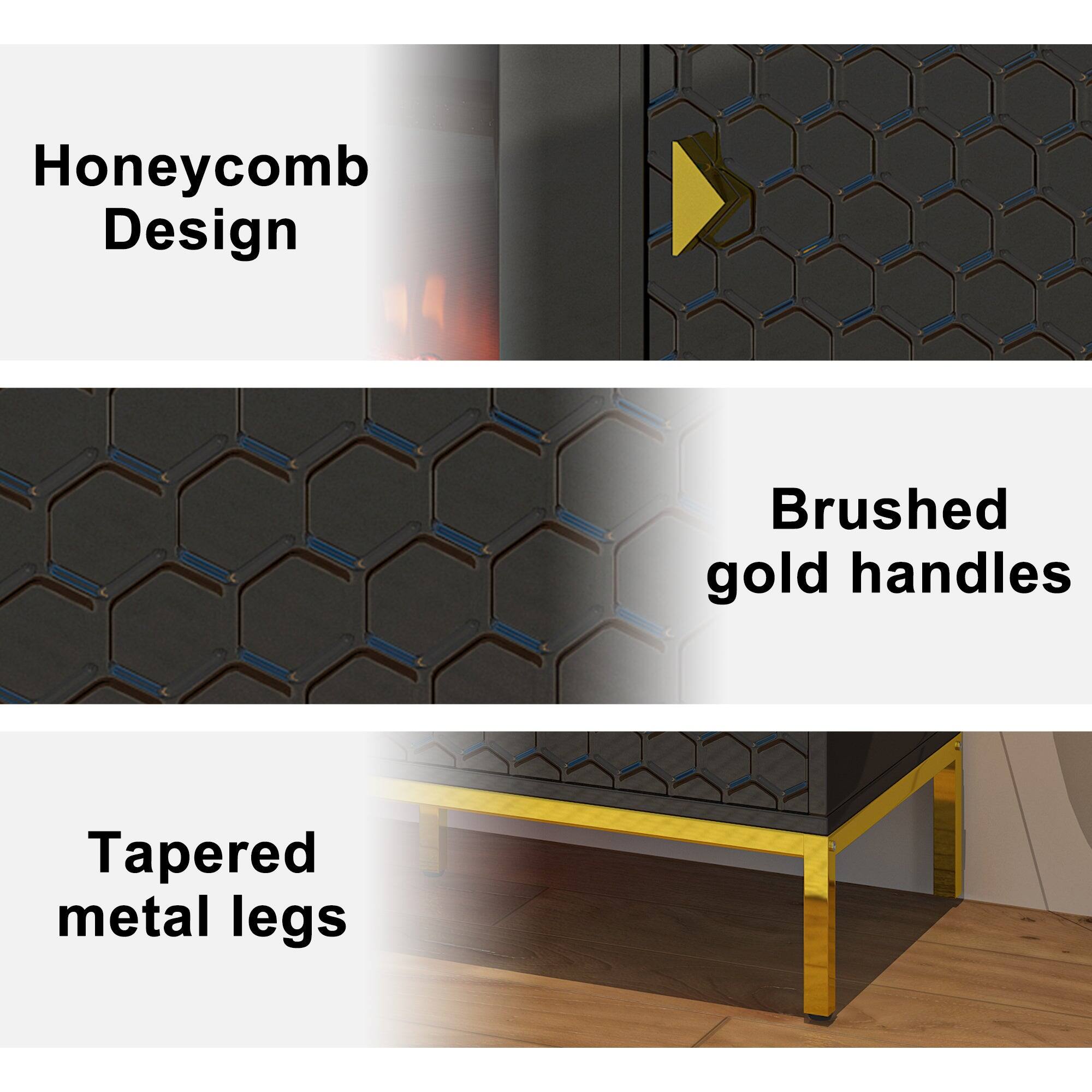Honeycomb Design  
Brushed gold handles  
Tapered metal legs