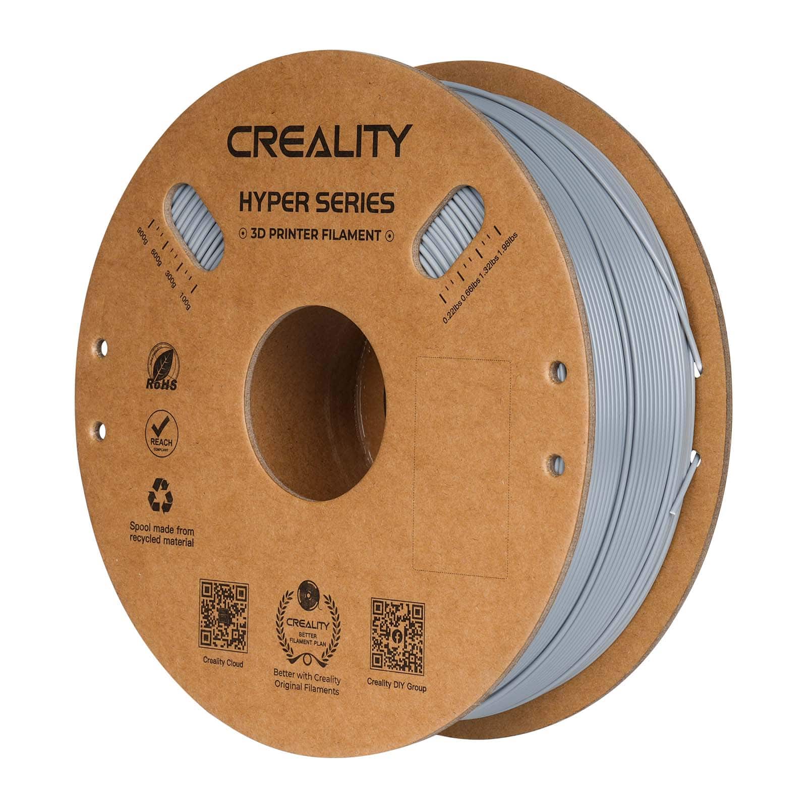 Creality Hyper Series 6000 3D Printer Filament is made from recycled material and is available in 600g, 300g, and 100g spools. The filament has a diameter of 1.75mm and is 3200mm long. It is compatible with 3D printers and meets ROHS and REACH standards. The spool is made from recycled materials and is part of the Creality DIY Group.