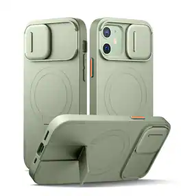 SURITCH - Slim Shockproof Bumper Case for iPhone 12/12 Pro with Camera Cover, Adjustable Kickstand, Compatible with MagSafe - Khaki Green