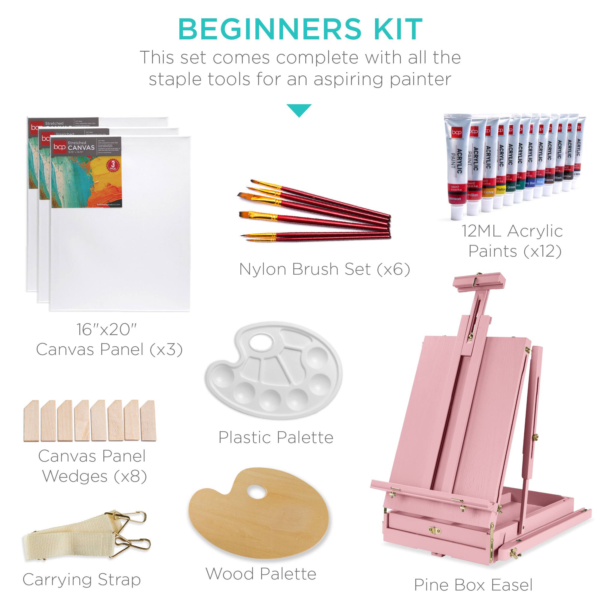 BEGINNERS KIT

This set comes complete with all the staple tools for an aspiring painter

- Nylon Brush Set (x6)
- 12ML Acrylic Paints (x12)
- 16"x20" Canvas Panel (x3)
- Canvas Panel Wedges (x8)
- Plastic Palette
- Carrying Strap
- Wood Palette
- Pine Box Easel