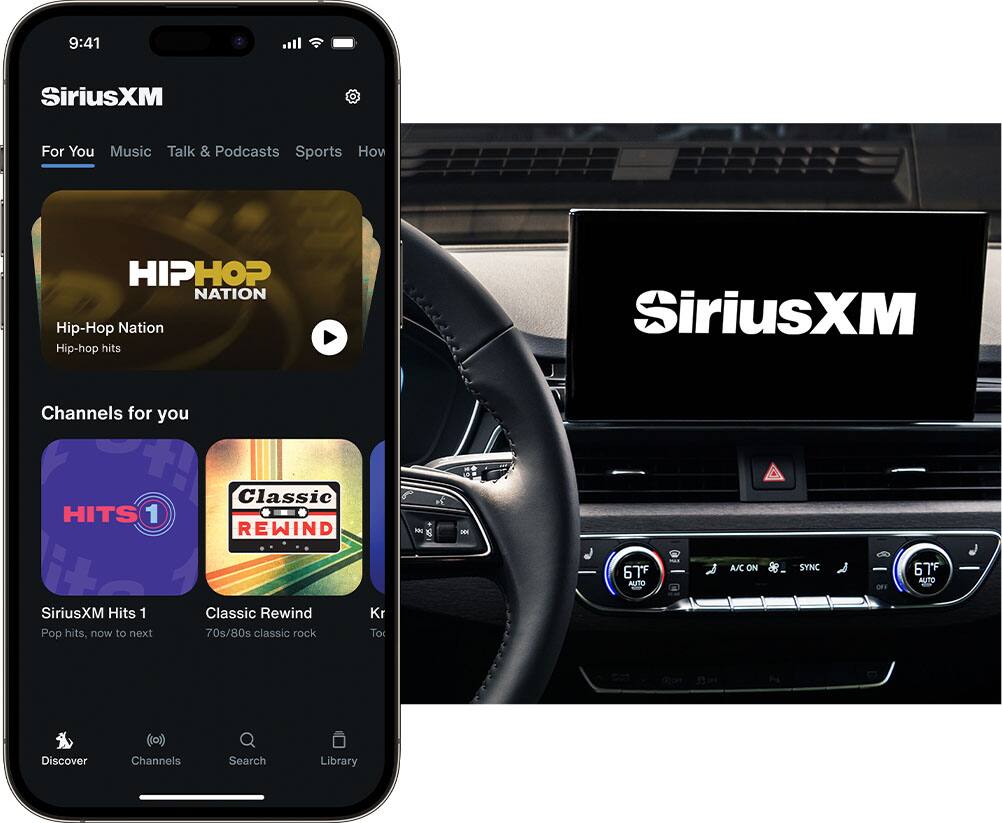 9:41  
SiriusXM  
For You  
Music  
Talk & Podcasts  
Sports  
How  

HIP HOP NATION  
Hip-Hop Nation  
Hip-hop hits  

Channels for you  
HITS 1  
SiriusXM Hits 1  
Pop hits, now to next  

Classic REWIND  
70s/80s classic rock  

Discover  
Channels  
Search  
Library  

67F AUTO A/C ON SYNC  
67F AUTO