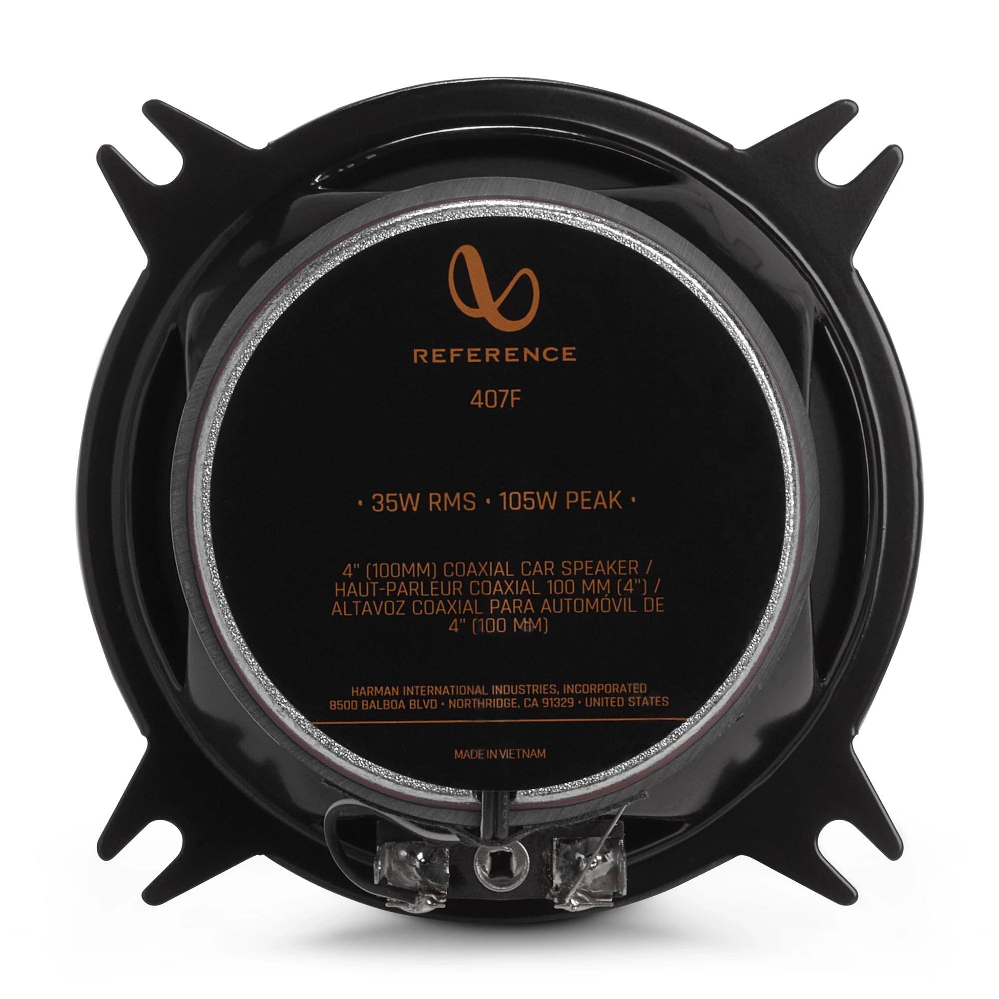 REFERENCE 407F  
35W RMS 105W PEAK  
4" (100MM) COAXIAL CAR SPEAKER / HAUT-PARLEUR COAXIAL 100 MM (4") / ALTAVOZ COAXIAL PARA AUTOMÓVIL DE 4" (100 MM)  
HARMAN INTERNATIONAL INDUSTRIES, INCORPORATED  
8500 BALBOA BLVD - NORTHRIDGE, CA 91329 - UNITED STATES  
MADE IN VIETNAM