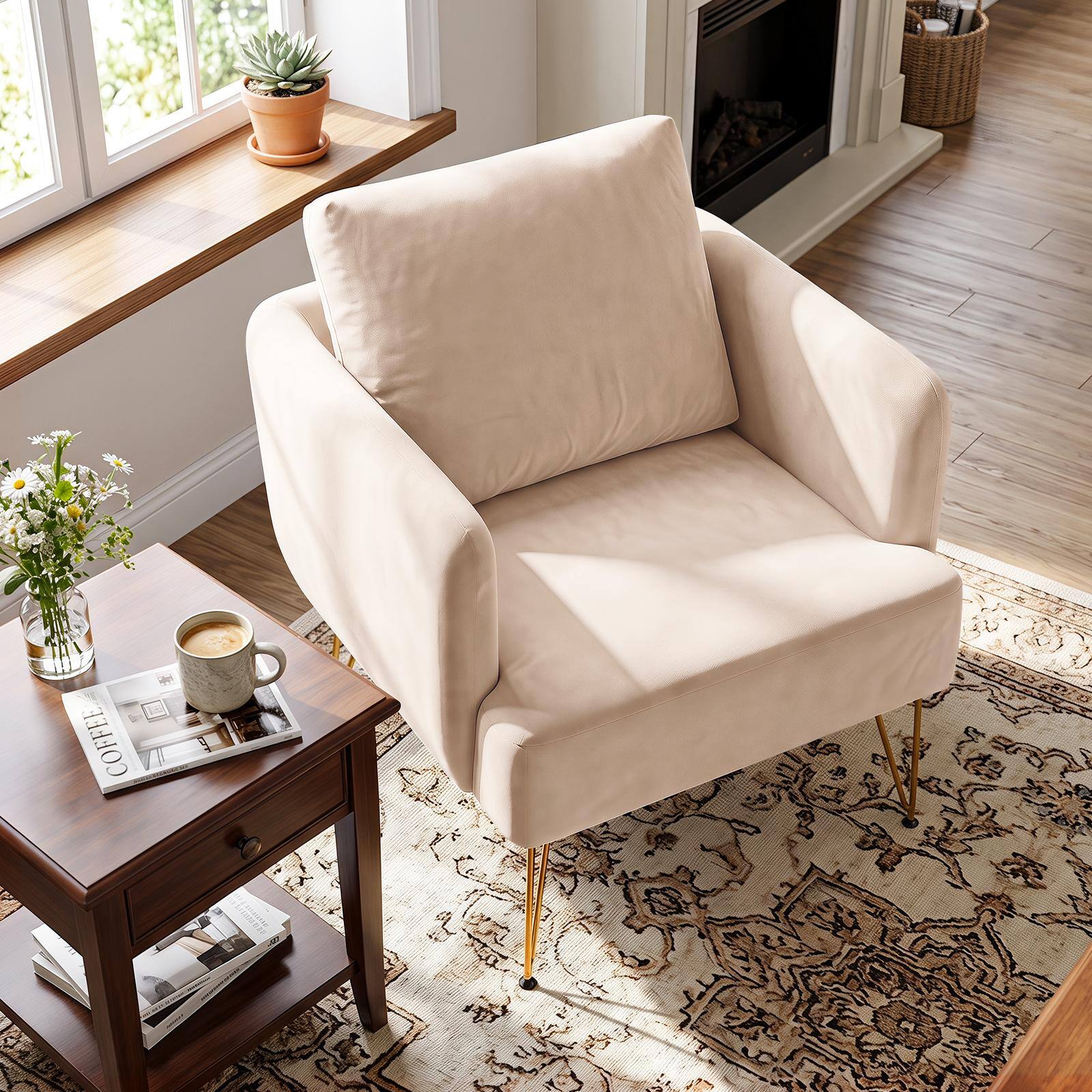 Alt View 3. Costway - Costway 2 PCS Modern Accent Chair with Back Cushion Golden Metal Legs Comfy Sofa Chair - Beige.