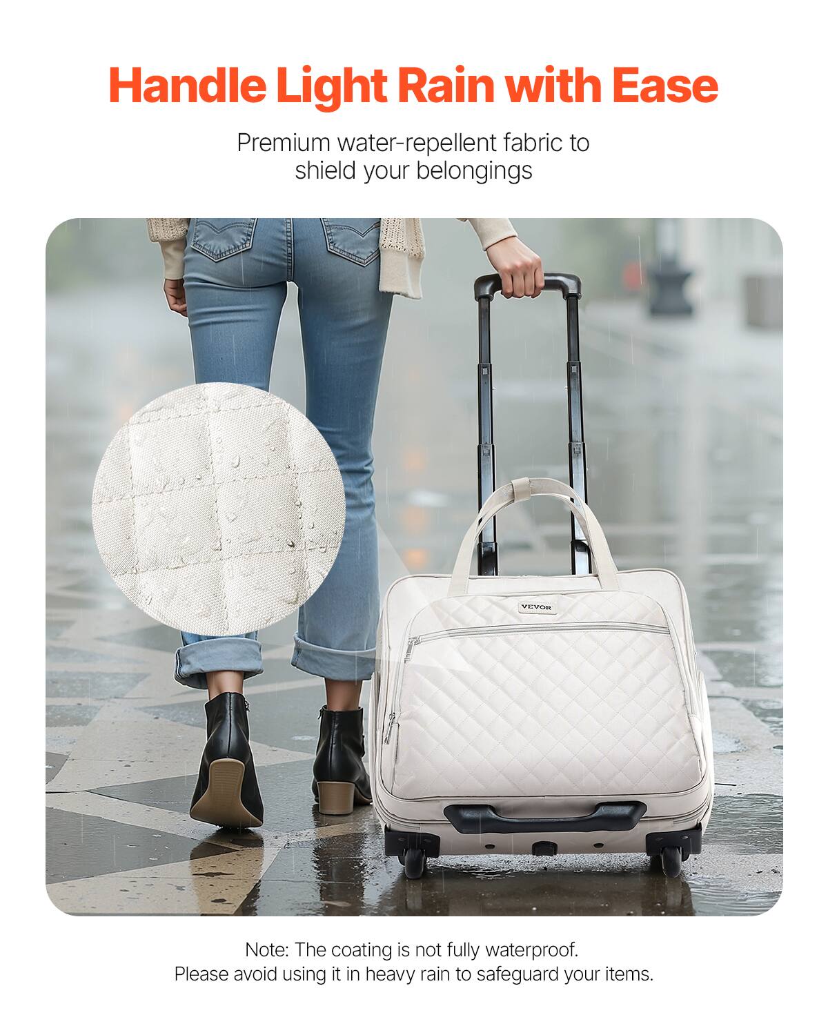 Handle Light Rain with Ease

Premium water-repellent fabric to shield your belongings

Note: The coating is not fully waterproof. Please avoid using it in heavy rain to safeguard your items.