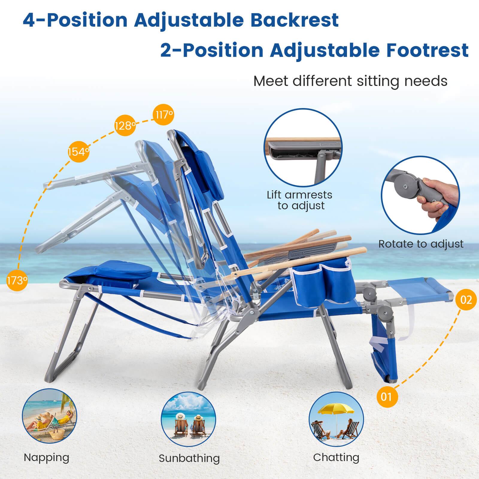 4-Position Adjustable Backrest  
2-Position Adjustable Footrest  
Meet different sitting needs  

128°  
117°  
154°  
173°  

Lift armrests to adjust  
Rotate to adjust  

Napping  
Sunbathing  
Chatting