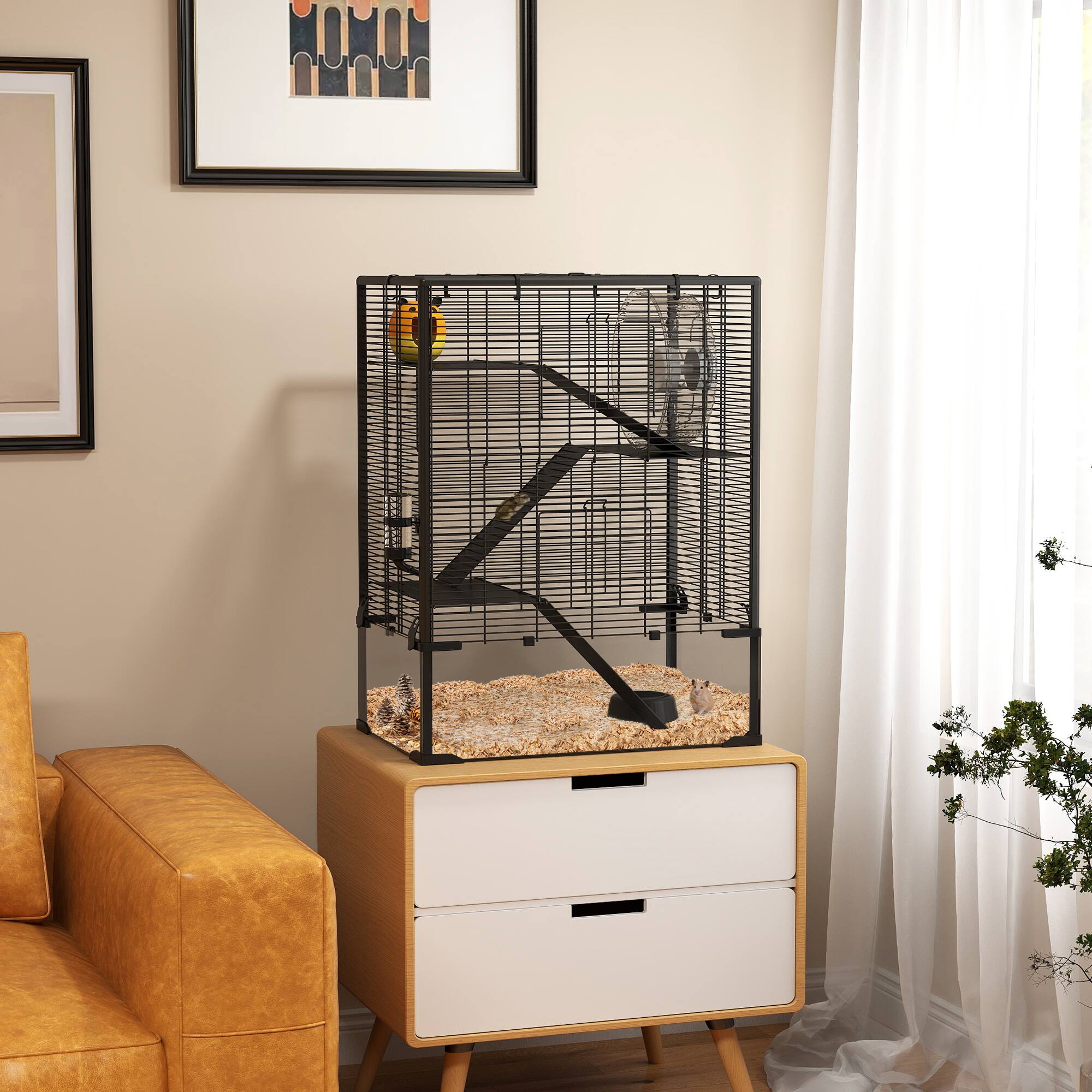 Alt View 1. Pawhut - Tier Hamster Cage with Deep Tempered Glass Bottom, Running Wheel, Hut, Water Bottle, Food Dish.