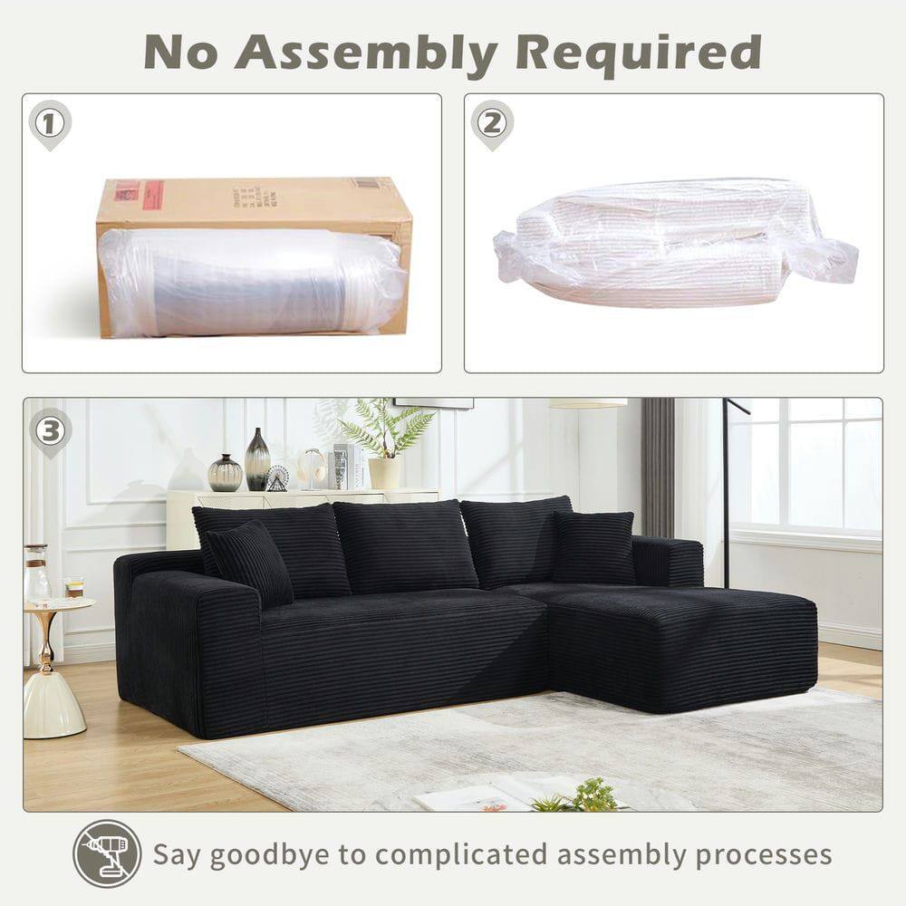 No Assembly Required

1. [Image of a rolled-up item in a box]
2. [Image of a folded item in plastic]
3. [Image of a fully assembled sofa]

Say goodbye to complicated assembly processes
