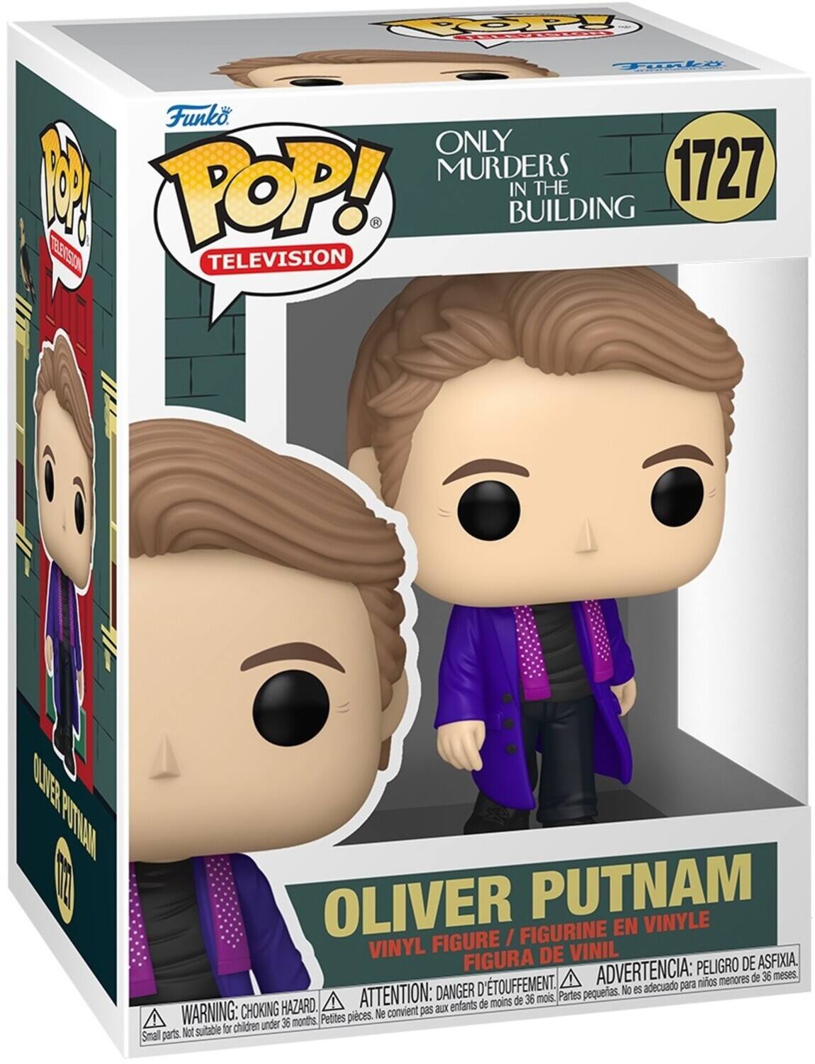 Sure, here is the corrected and grouped text from the image:

---

**Funko POP! TELEVISION**

**ONLY MURDERS IN THE BUILDING**

**1727**

**OLIVER PUTNAM**

**VINYL FIGURE / FIGURINE EN VINYLE / FIGURA DE VINIL**

**WARNING: CHOKING HAZARD. Small parts. Not suitable for children under 36 months.**

**ATTENTION: DANGER D'ÉTOUFFEMENT. Petites pièces. Ne convient pas aux enfants de moins de 36 mois.**

**ADVERTENCIA: PELIGRO DE ASFIXIA. Partes pequeñas. No es adecuado para niños menores de 36 meses.**

---