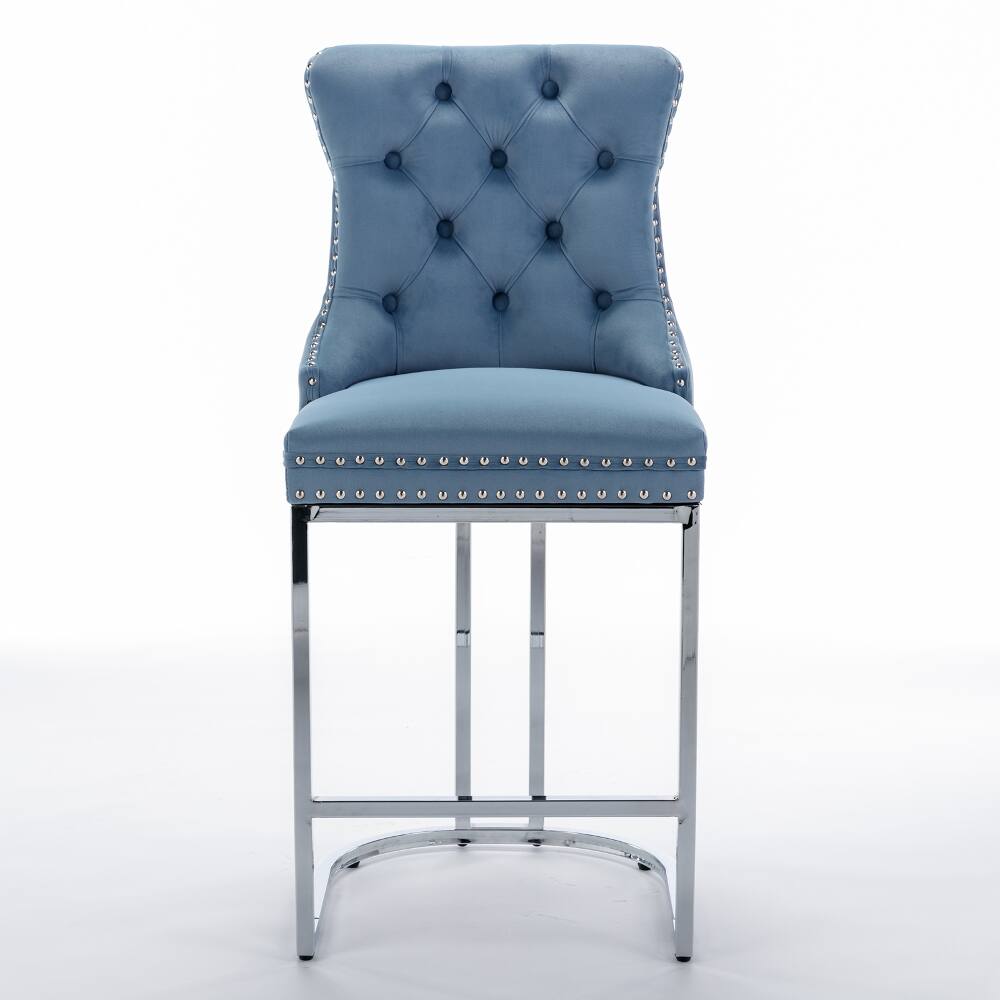 Angle. Loheer - Loheer 26 Inch Counter Height Bar Stools Set of 2 Light Blue Velvet Kitchen Island Chairs with Chromed Metal Base - Light Blue.
