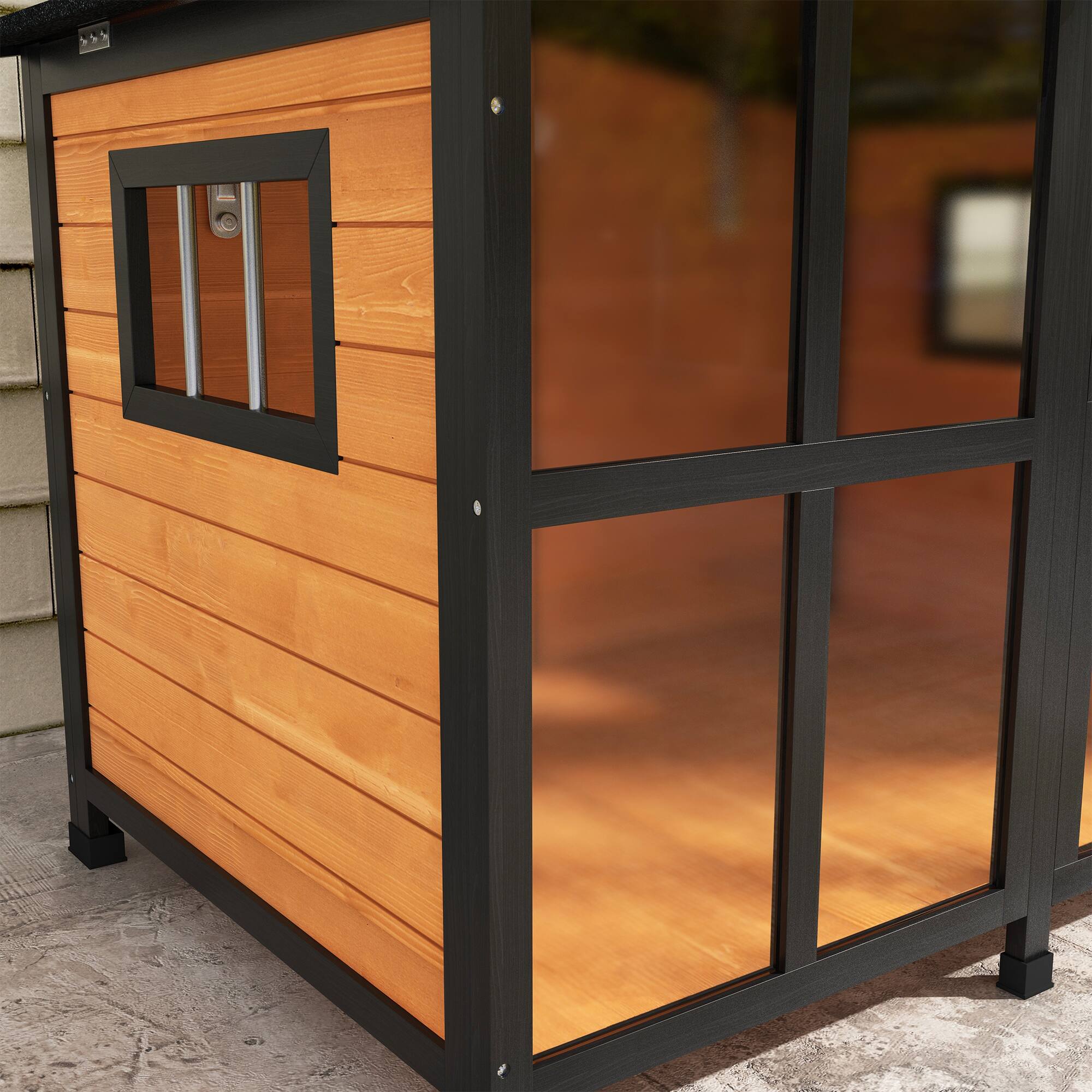 Alt View 5. Pawhut - Outside Cabin-Style Wooden Dog House for Large Dogs, Openable Roof, Giant Window, Outdoor & Indoor.