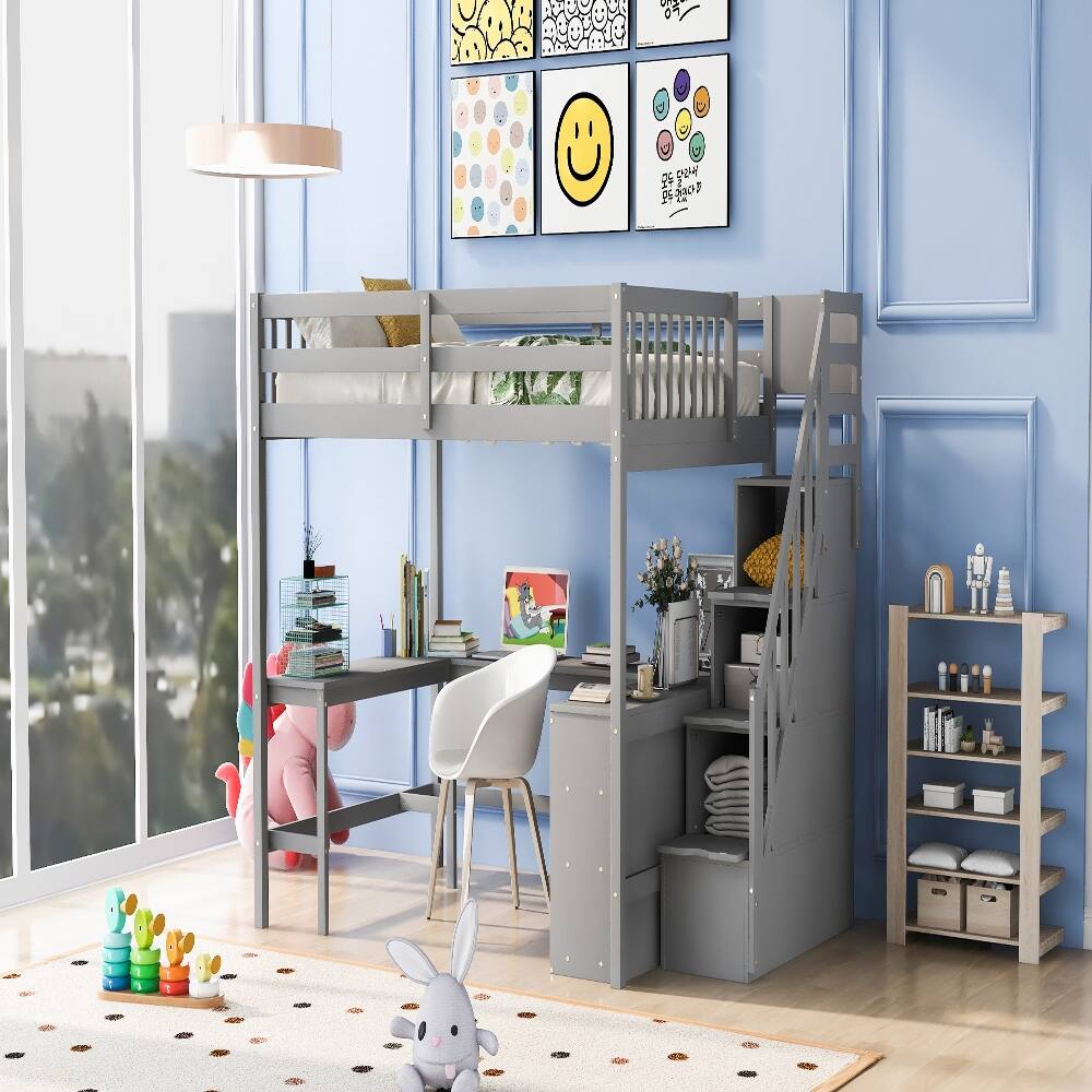 Back. Loheer - Loheer Full Size Loft Bed with Desk, Gray Loft Bed with Storage Stairs and Shelves, Pine Wood - Gray.