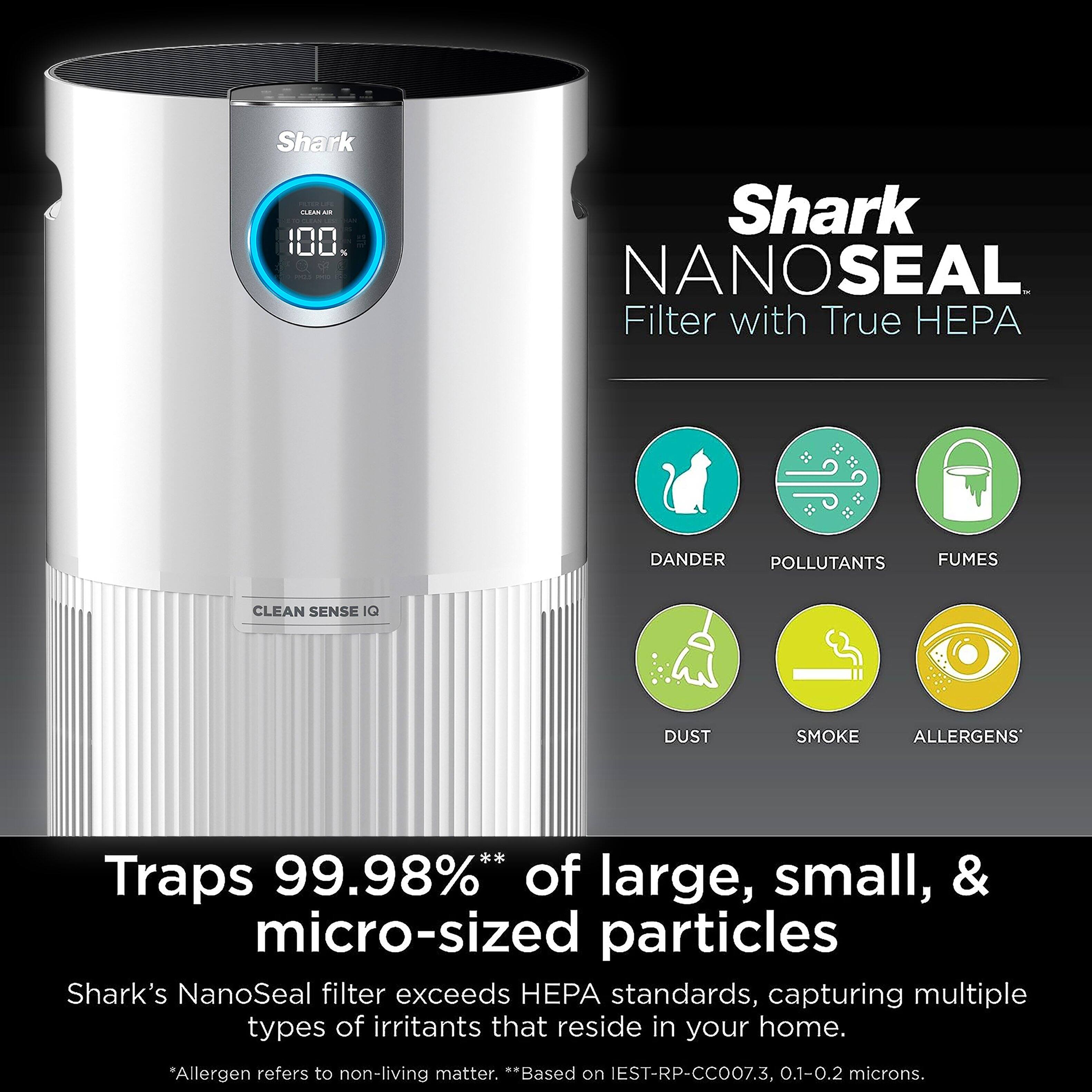 Shark I-100 NanoSeal Filter with True HEPA Dander Pollutants Fumes Clean Sense IQ Dust Smoke Allergens Traps 99.98%** of large, small, & micro-sized particles Shark's NanoSeal filter exceeds PA standards, capturing multiple types of irritants that reside in your home. Allergen refers to non-living matter. **Based on EST-RP-CCO07.3, 0.1-O.2 microns.