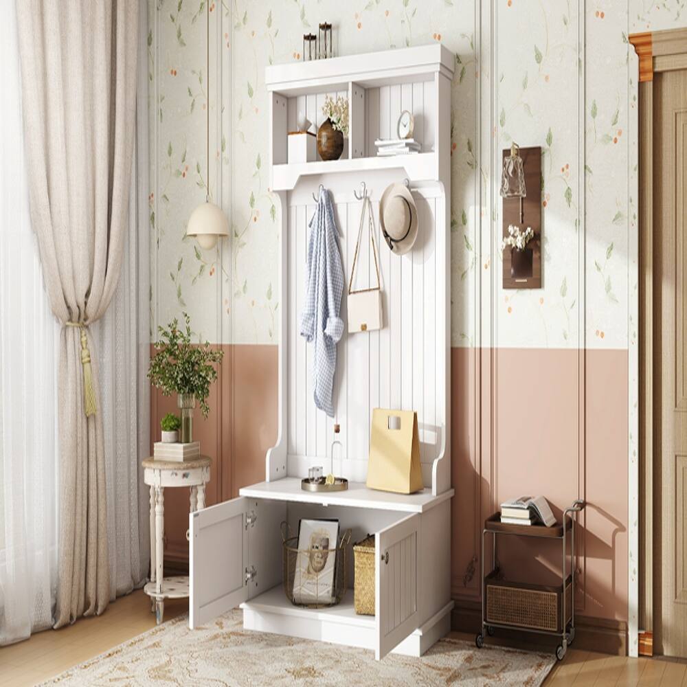 Alt View 9. Loheer - Loheer White Hall Tree with Shoe Bench, Multifunctional Entryway Coat Rack with Storage Cabinet - White.