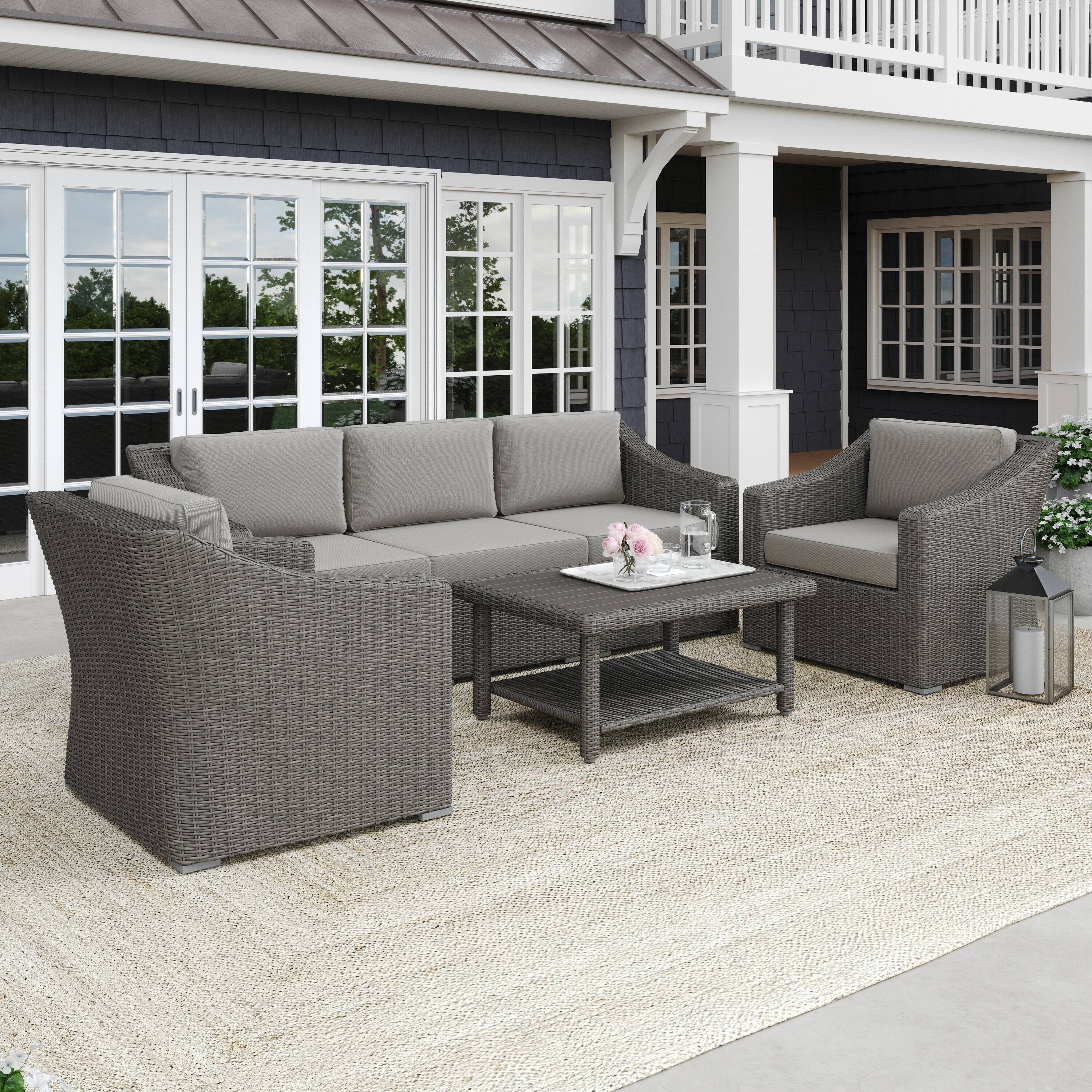Alt View 5. Martha Stewart - Bedford 4pc Outdoor Rattan Wicker Patio Conversation Set with All-Weather Cushions - Gray Cushions/Gray Frame.