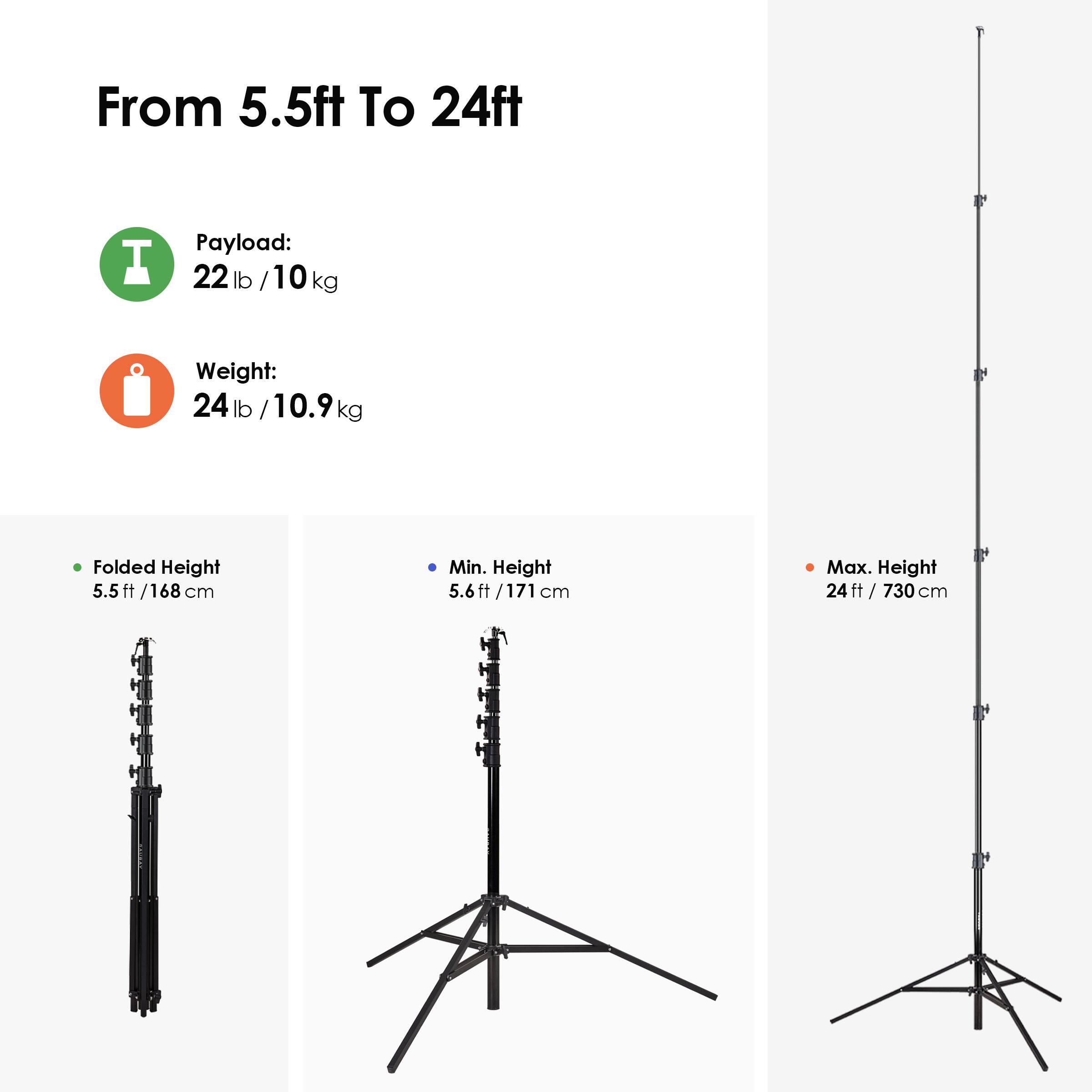 From 5.5ft To 24ft

Payload: 22 lb / 10 kg

Weight: 24 lb / 10.9 kg

Folded Height: 5.5 ft / 168 cm

Min. Height: 5.6 ft / 171 cm

Max. Height: 24 ft / 730 cm