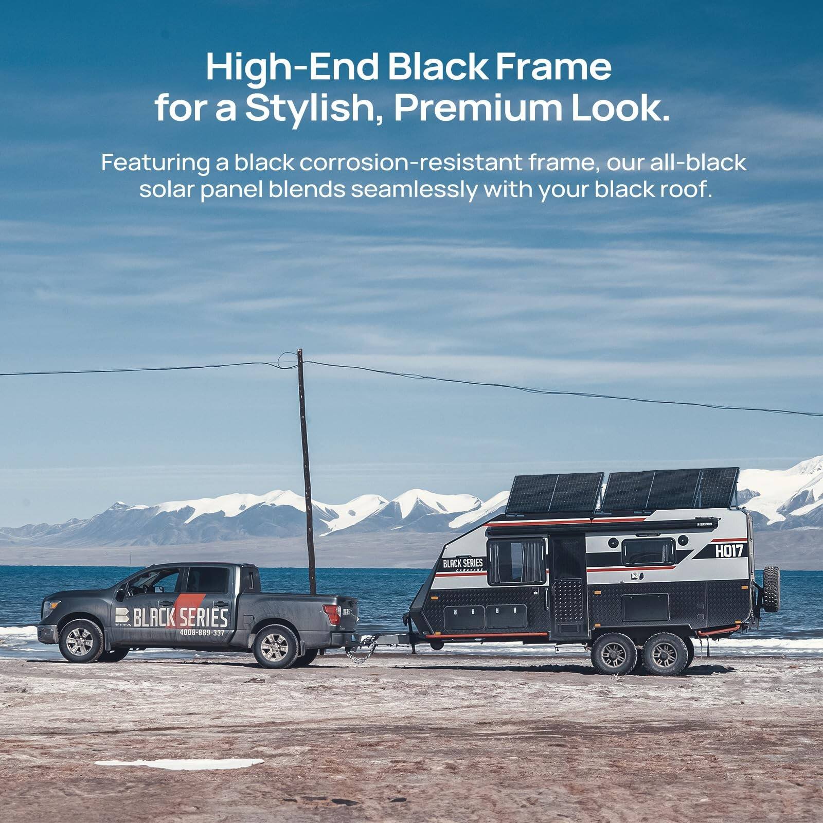 High-End Black Frame for a Stylish, Premium Look.  
Featuring a black corrosion-resistant frame, our all-black solar panel blends seamlessly with your black roof.  

BLACK SERIES  
MOTe 2 HO17  
BLACK SERIES  
100  
009-839-337