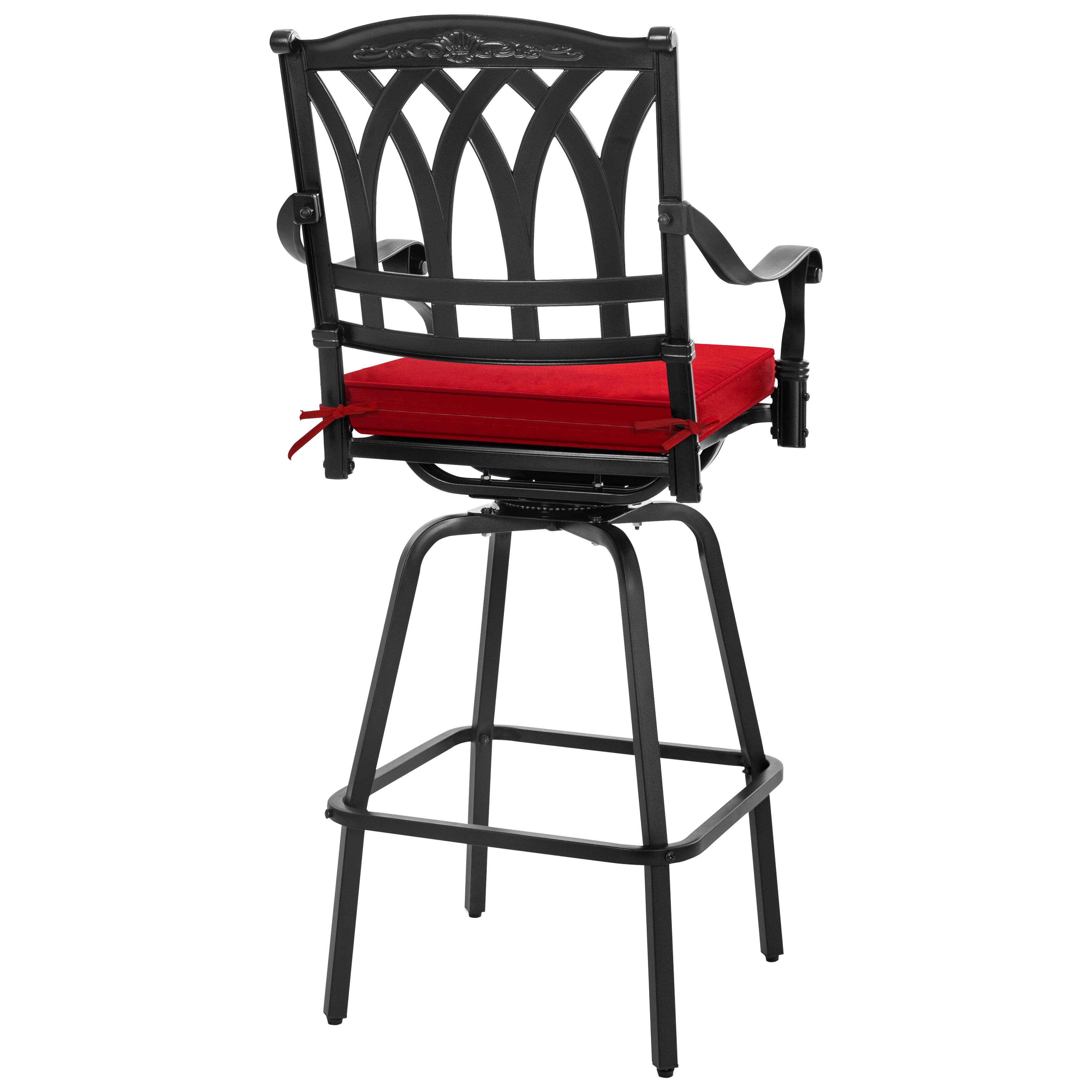 Alt View 7. Nuu Garden - 2PCS Patio E-Coated Cast Aluminum Swivel Bar Stool Set with Olefin Cushions - Black and Red.