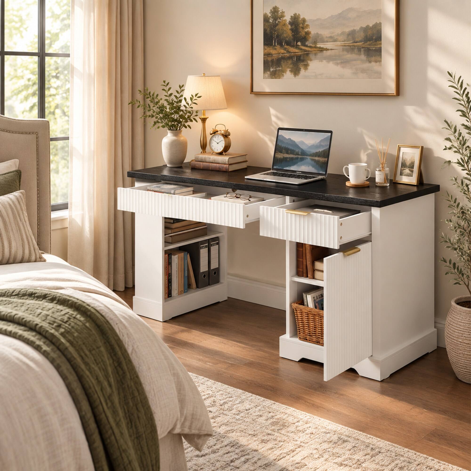 Left. RYHNUYNE - 55.12 in White Fluted Office Desk, MDF Computer Writing Table with Power Outlet, Pegboard, Storage Cabinet, Drawers - White.