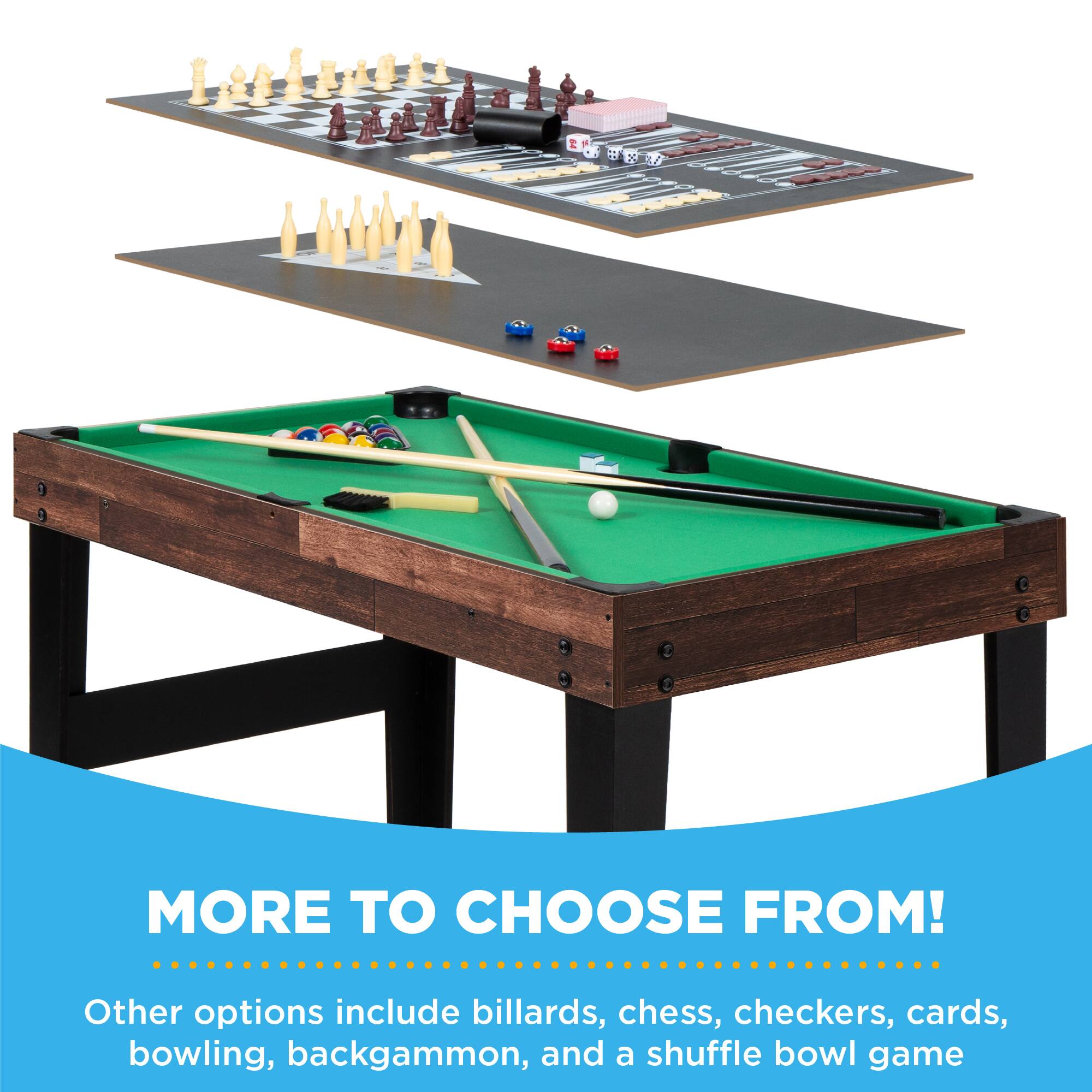 The corrected text is:

"More to choose from! Other options include billiards, chess, checkers, cards, bowling, backgammon, and a shuffle bowl game."