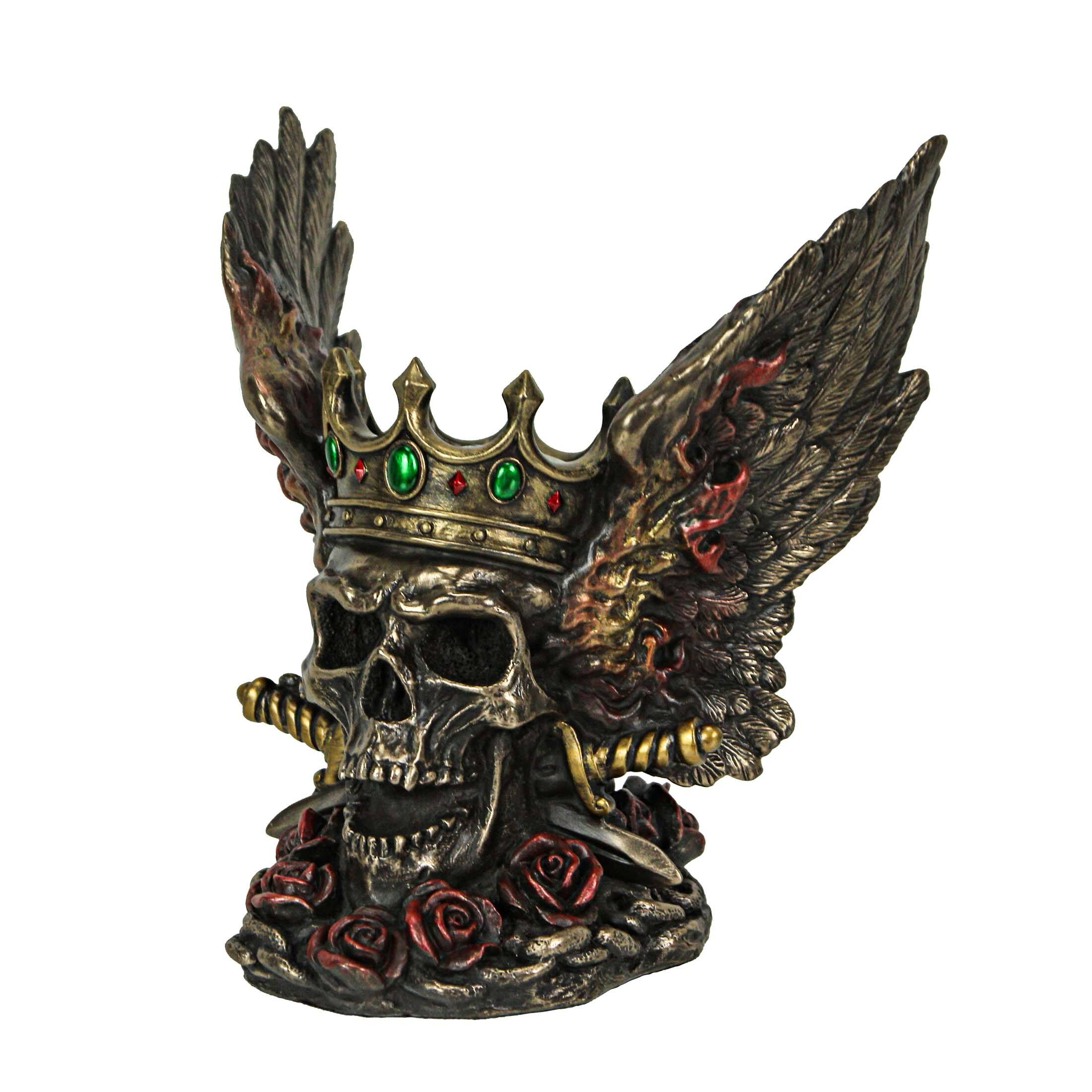 Front. Veronese Design - Bronze Finish Screaming Monarch Skull Statue With Flames and Wings 5.75 Inches High - Multicolored.