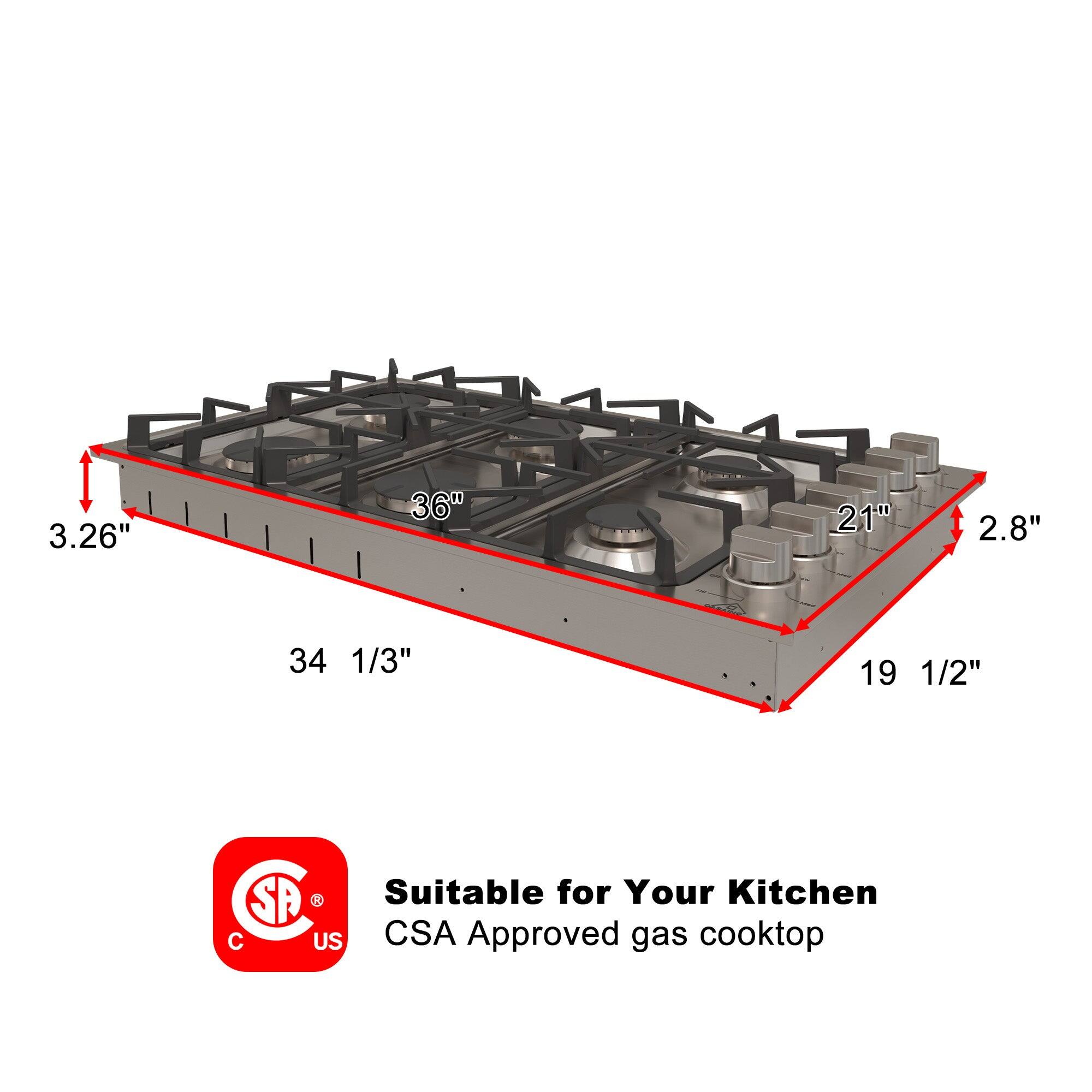 3.26", 36", 21", 2.8", 34 1/3", 19 1/2", Suitable for Your Kitchen, CSA Approved gas cooktop
