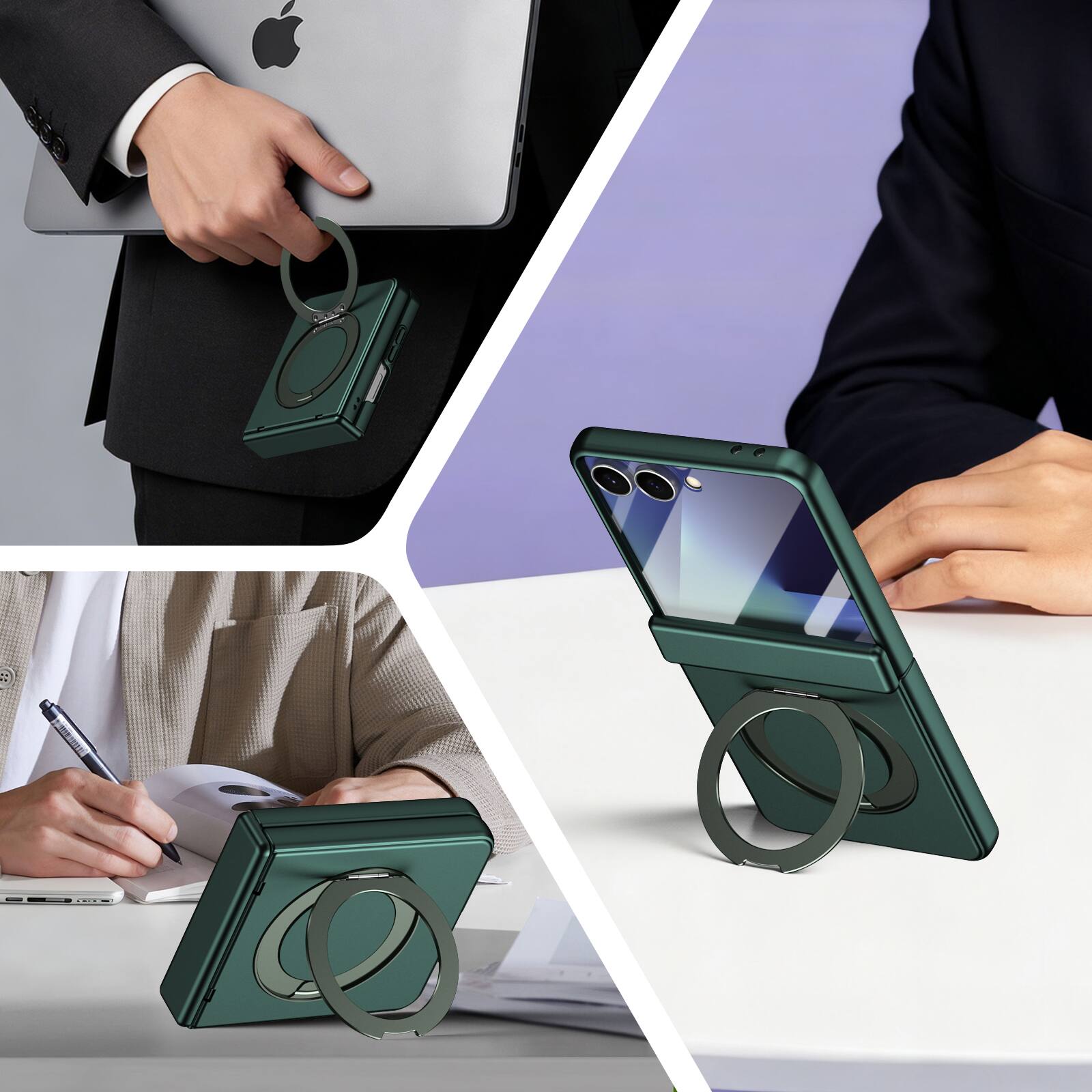 Angle. Dteck - For Samsung Galaxy Z Flip 7 Rugged Case With Screen Protector, Shockproof Magnetic Ring Stand Hinge Protection Cover - Green.
