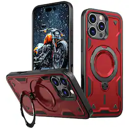 Entronix - Magnetic Case for iPhone 16 Pro Max - Rugged Armor with Gripstand - Red