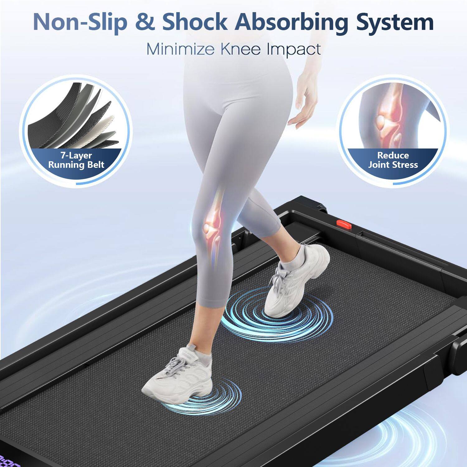 Non-Slip & Shock Absorbing System  
Minimize Knee Impact  

7-Layer Running Belt  

Reduce Joint Stress