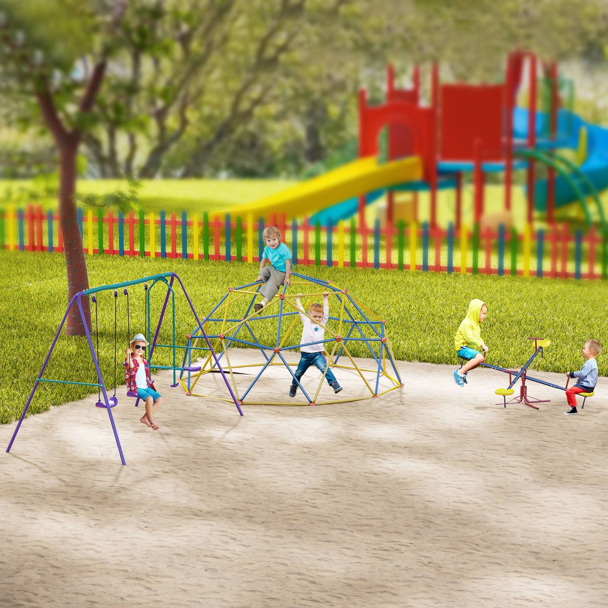 Alt View 5. Outsunny - Kids Seesaw Swivel Teeter Totter with 360° Spinning, 4 Seater Seesaw Outdoor Playground Equipment for Backyard.