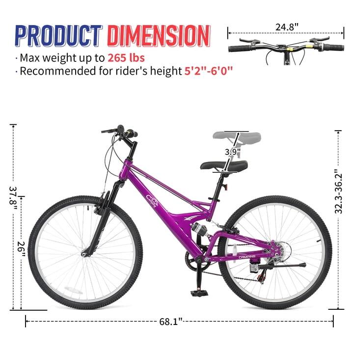 PRODUCT DIMENSION  
- Max weight up to 265 lbs  
- Recommended for rider's height 5'2"-6'0"  

24.8"  
37.8"  
26"  
3.9"  
32.3-36.2"  
68.1"