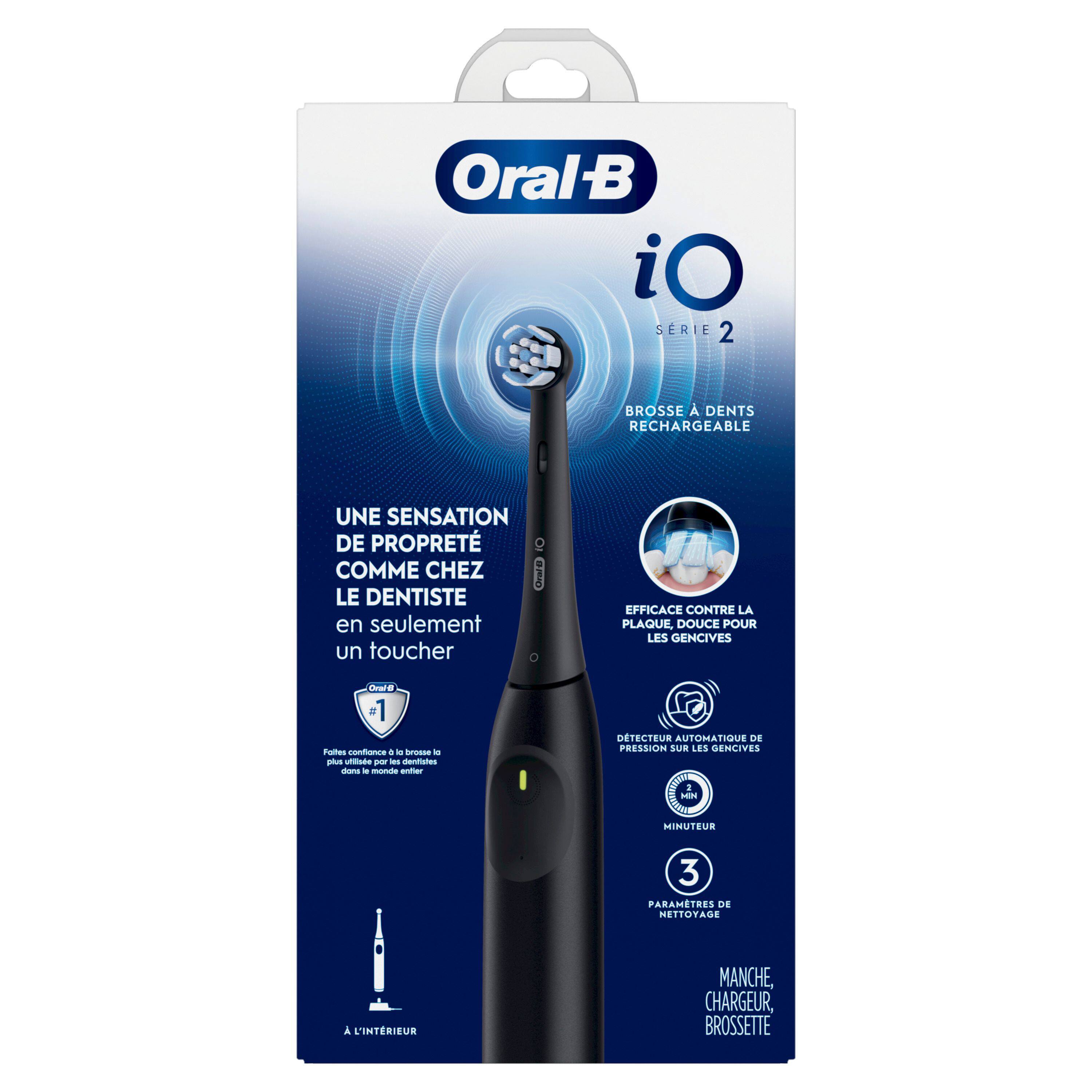Oral-B iO Série 2  
Brosse à dents rechargeable  
Une sensation de propreté comme chez le dentiste en seulement un toucher  
Efficace contre la plaque, douce pour les gencives  
1 brosse confondue à la brosse à dent  
Détecteur automatique de pression sur les gencives  
Minuteur  
3 paramètres de nettoyage  
Manche, chargeur, brossette