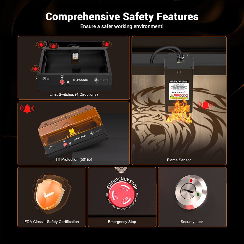 Comprehensive Safety Features Ensure a safer working environment!

- BEPW MEW Limit Switches (4 Directions)
- Tilt Protection (50°±5)
- Flame Sensor
- EMERGENCY STOP
- FDA Class 1 Safety Certification
- Emergency Stop
- Security Lock