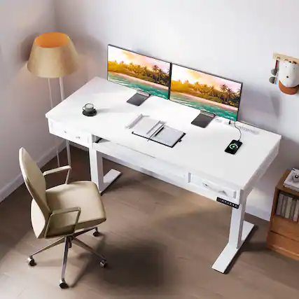 Front. AODK - Adjustable Height Standing Desk With Keyboard Tray and Wooden Drawers - White.
