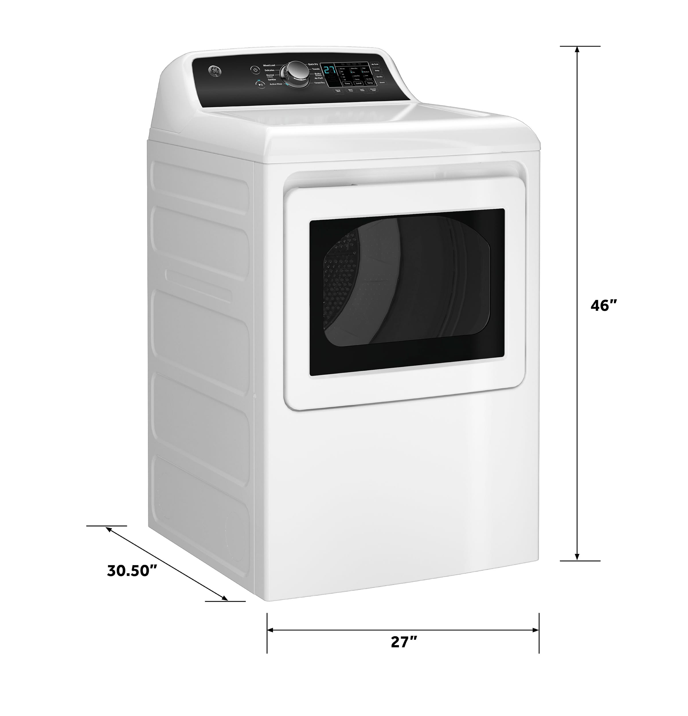 The text on the image reads "46" 30.50" 27". This indicates that the appliance is 46 inches tall, 30.50 inches wide, and 27 inches deep.