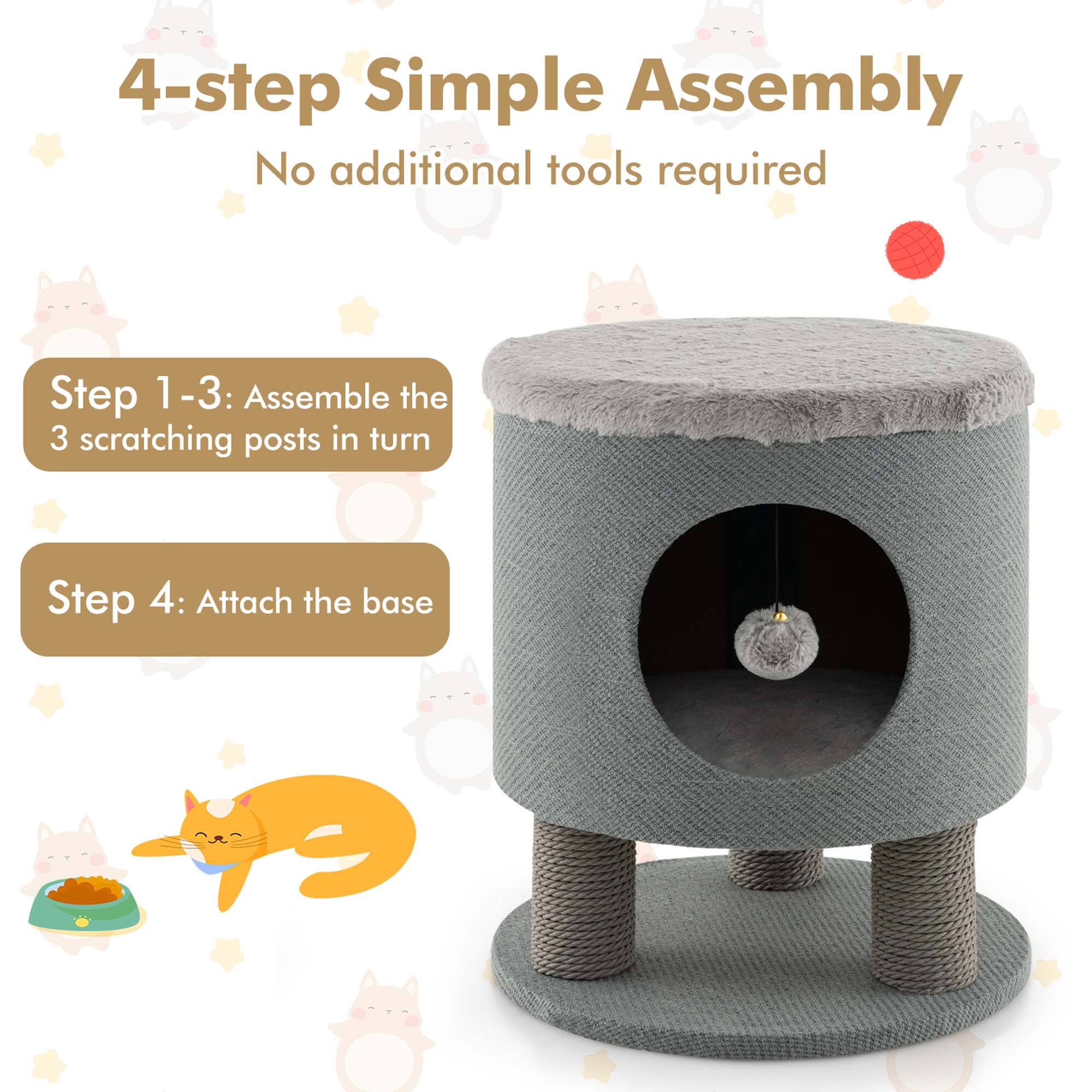 4-step Simple Assembly  
No additional tools required  

Step 1-3: Assemble the 3 scratching posts in turn  

Step 4: Attach the base