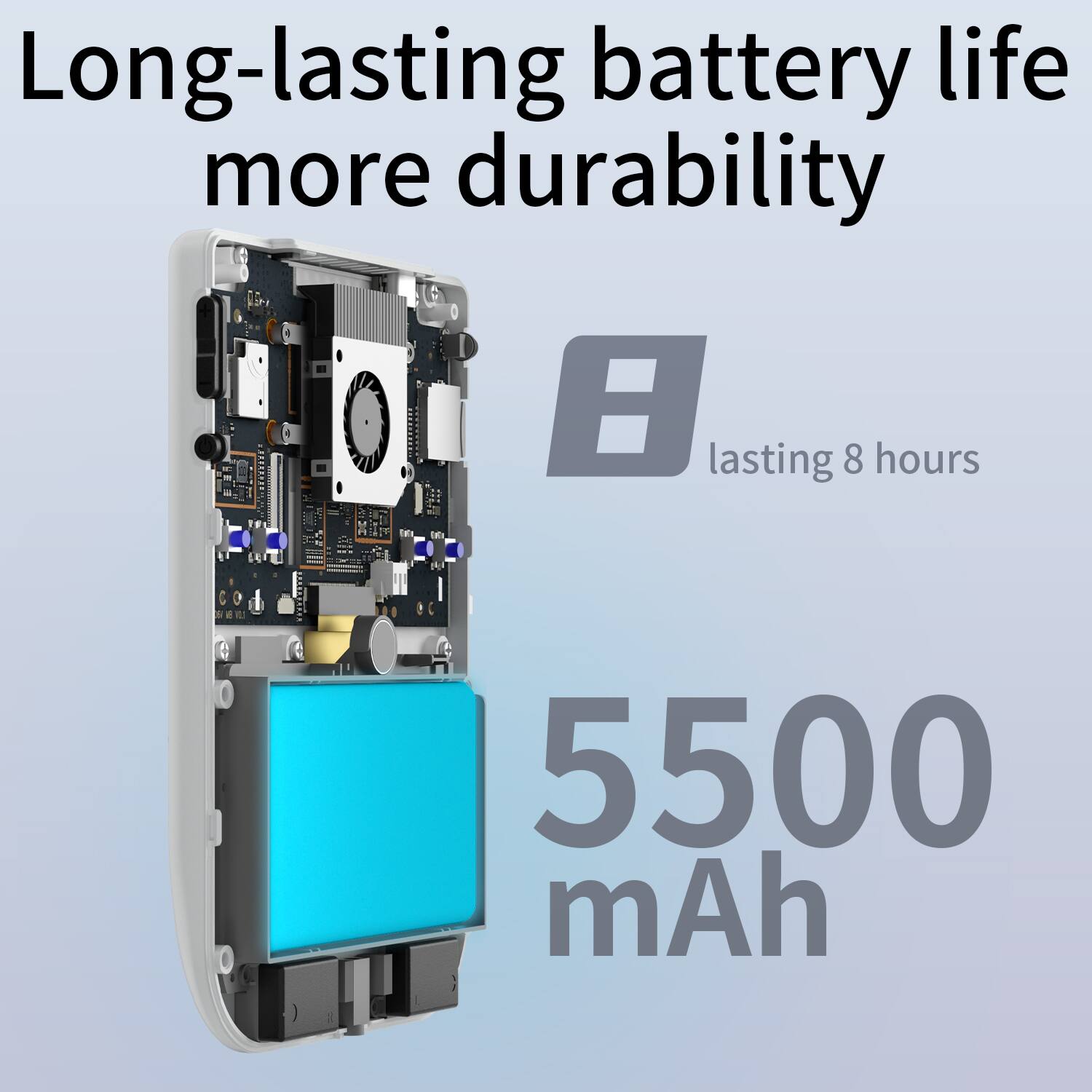 Long-lasting battery life more durability. Lasting 8 hours. Ca 5500 mAh.