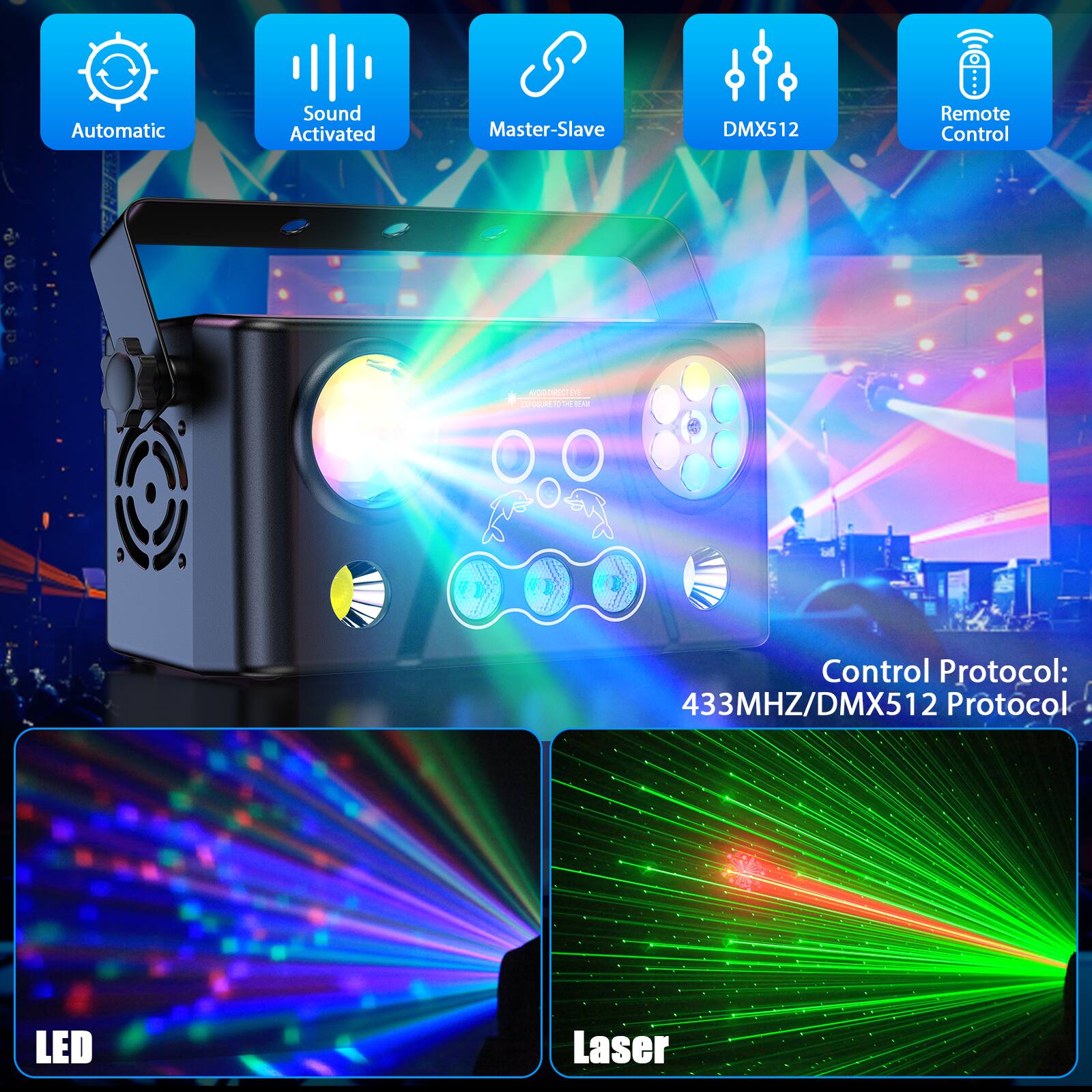 Automatic  
Sound Activated  
Master-Slave  
DMX512  
Remote Control  

Control Protocol:  
433MHZ/DMX512 Protocol  

LED  
Laser