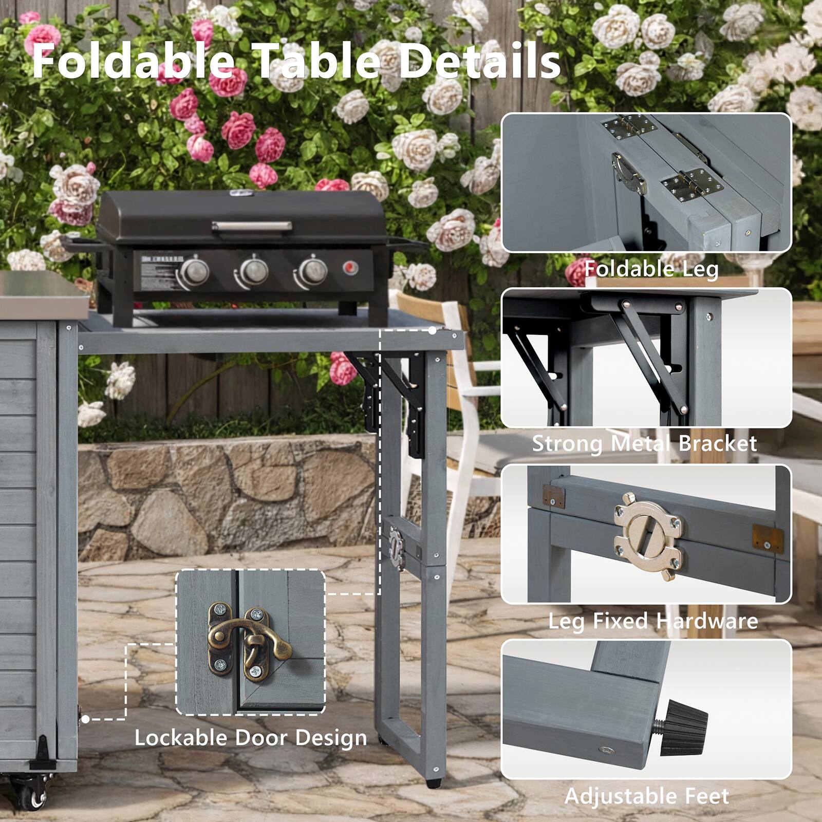 Foldable Table Details

- Foldable Leg
- Strong Metal Bracket
- Leg Fixed Hardware
- Lockable Door Design
- Adjustable Feet
