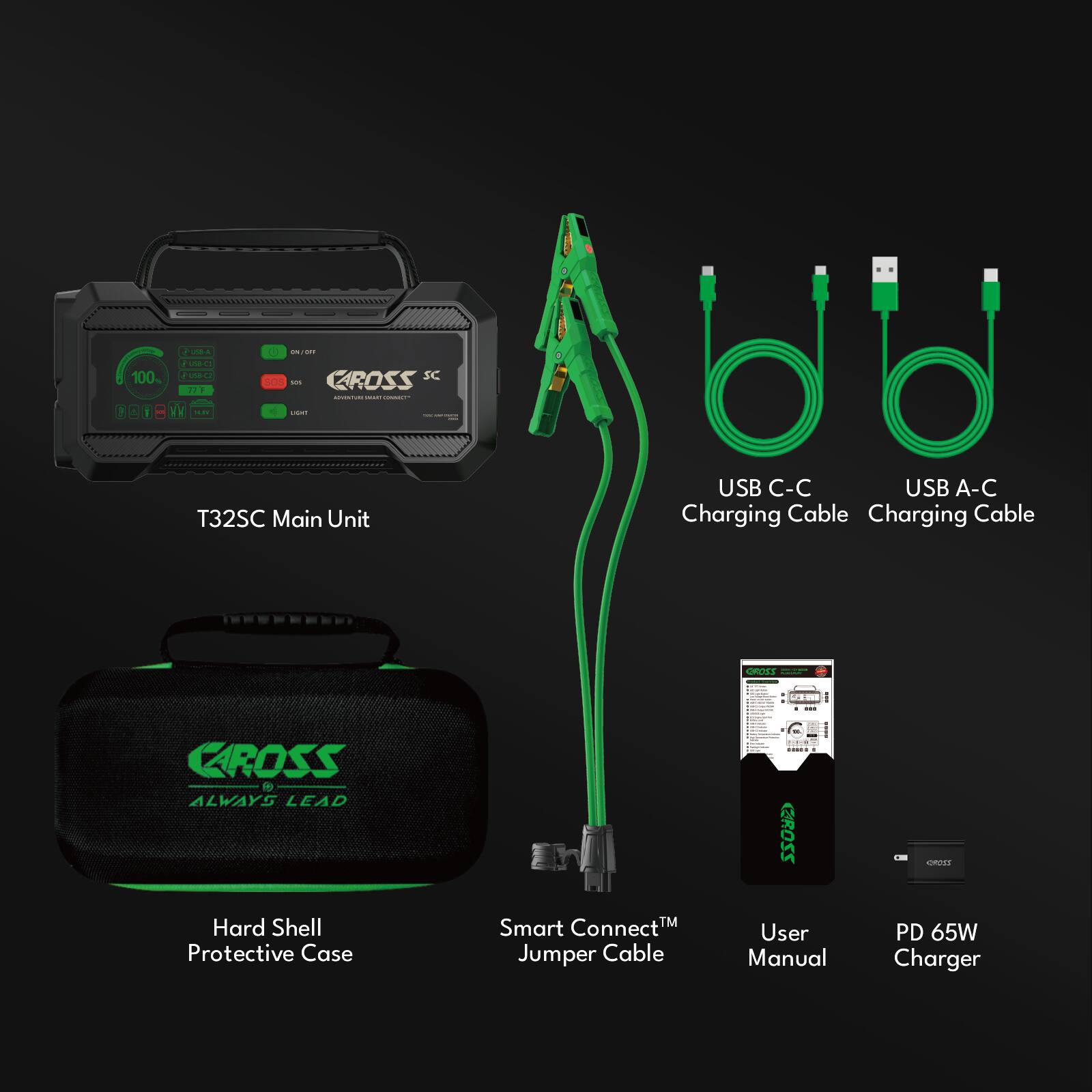 - T32SC Main Unit
- USB C-C Charging Cable
- USB A-C Charging Cable
- Hard Shell Protective Case
- Smart Connect™ Jumper Cable
- User Manual
- PD 65W Charger